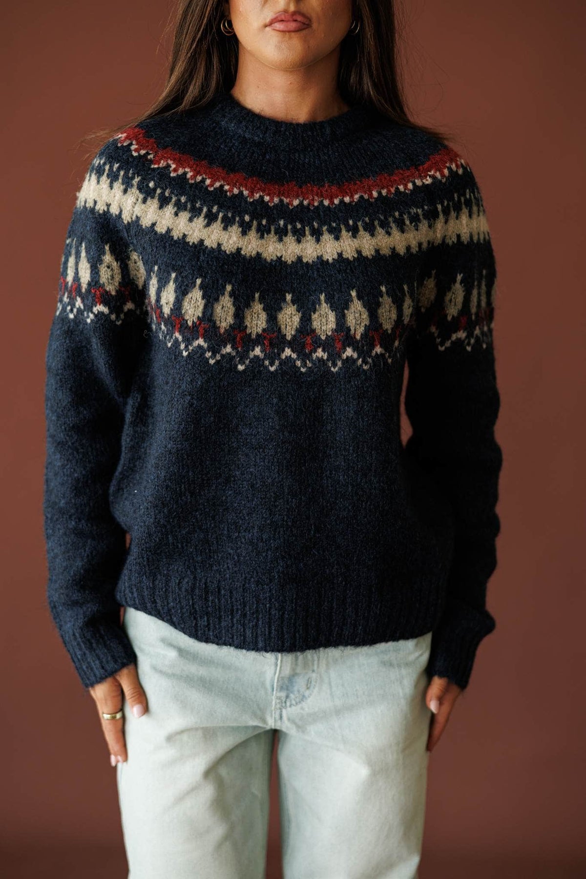 Night blue fair isle crew neck sweater