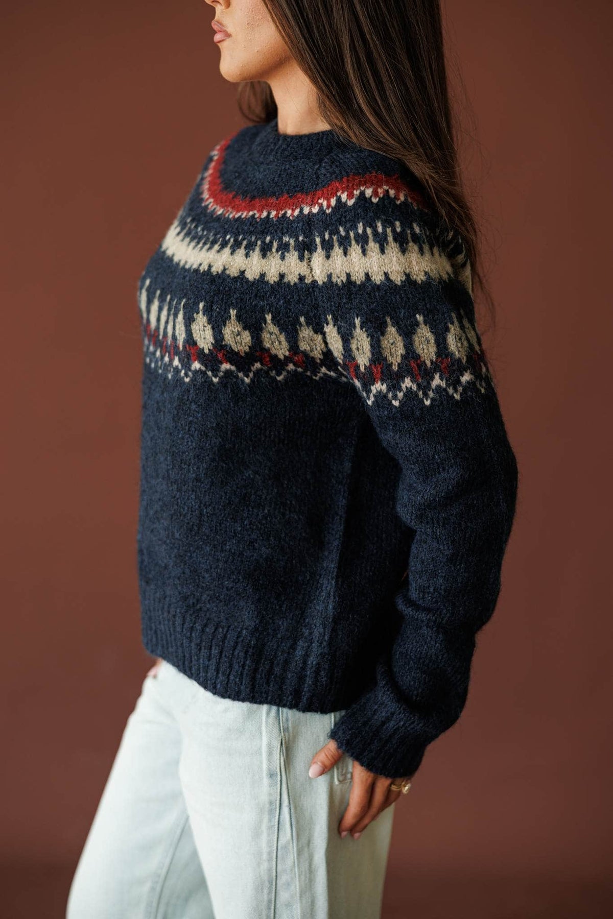 Night blue fair isle crew neck sweater