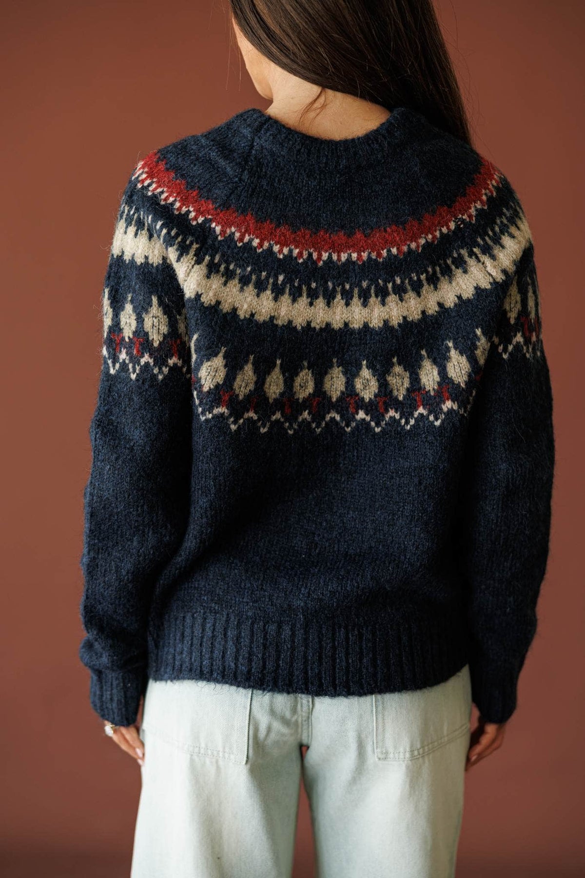 Night blue fair isle crew neck sweater