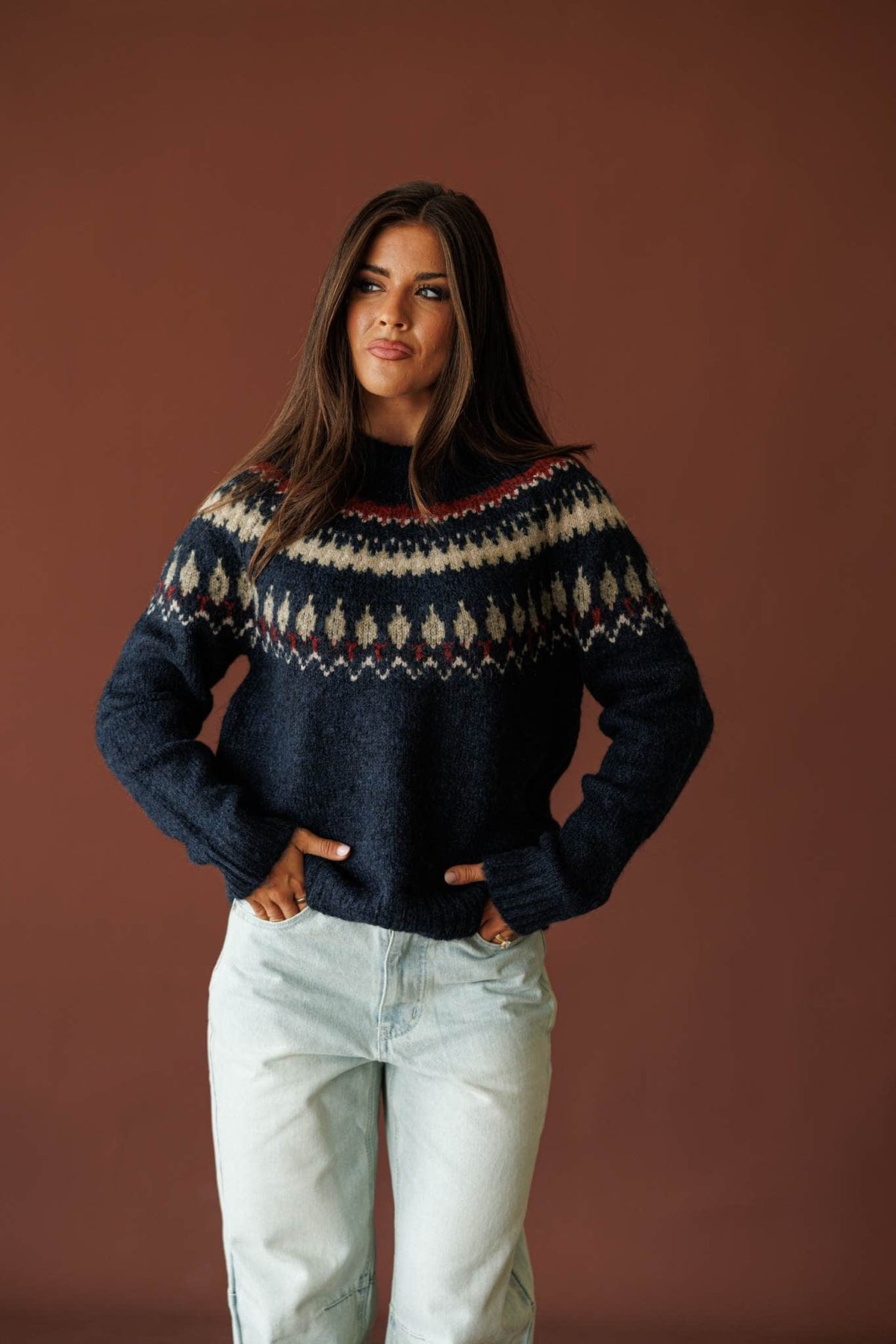 Night blue fair isle crew neck sweater