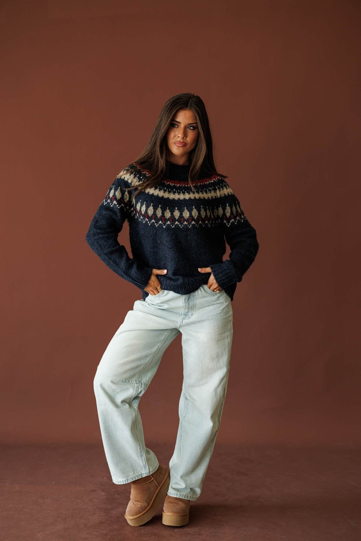 Night blue fair isle crew neck sweater, front view