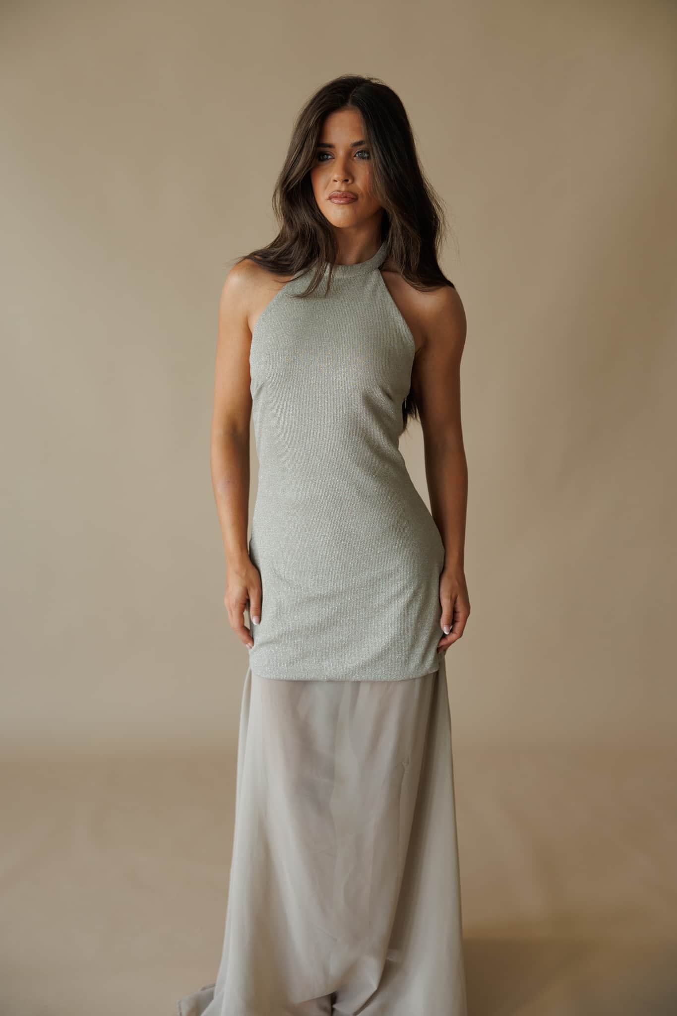 Champagne Gold Metallic Halter Maxi Dress