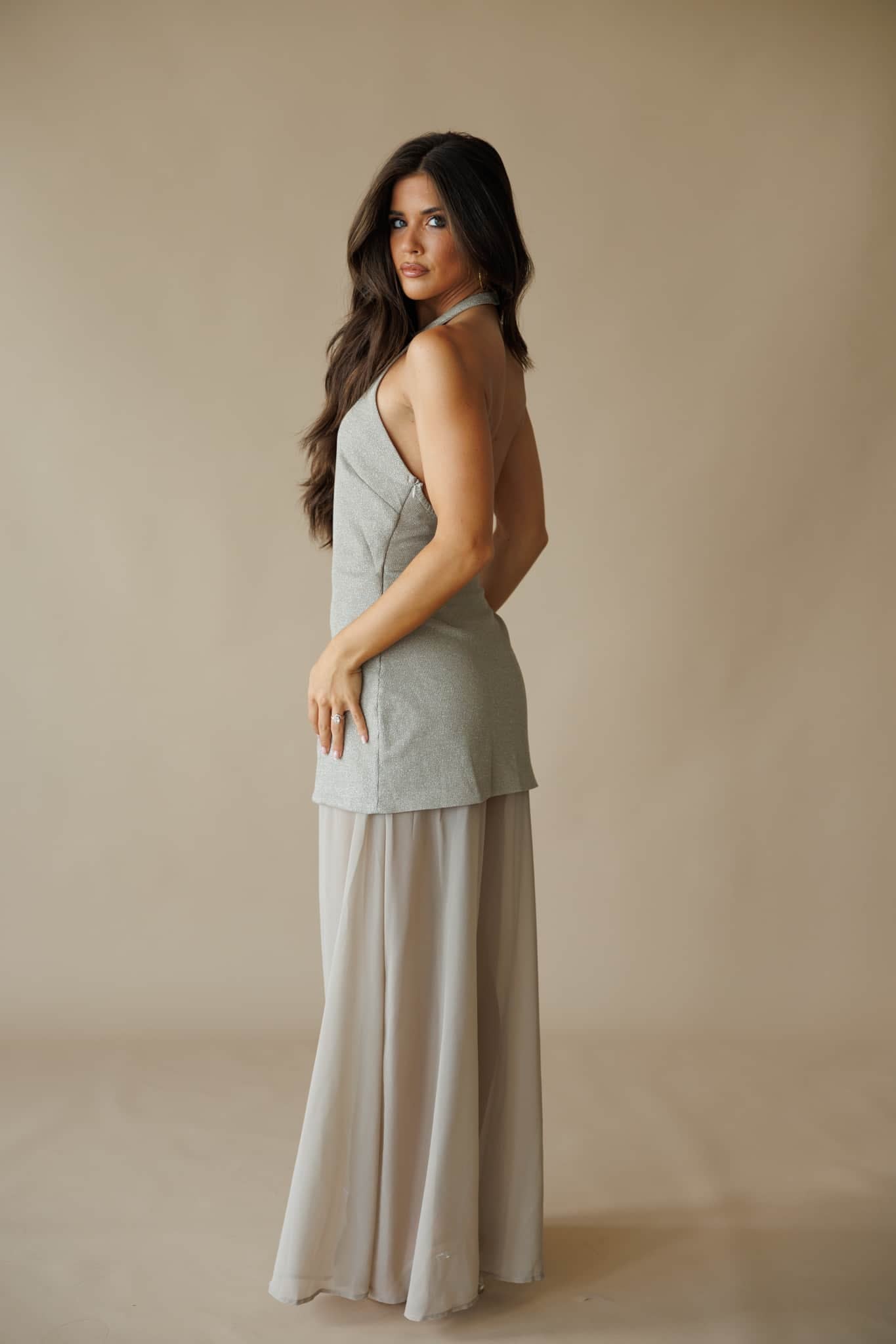 Champagne Gold Metallic Halter Maxi Dress