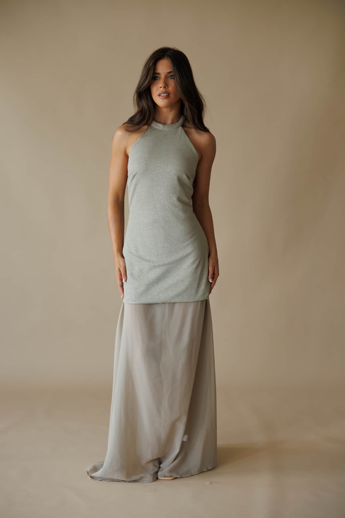 Champagne Gold Metallic Halter Maxi Dress
