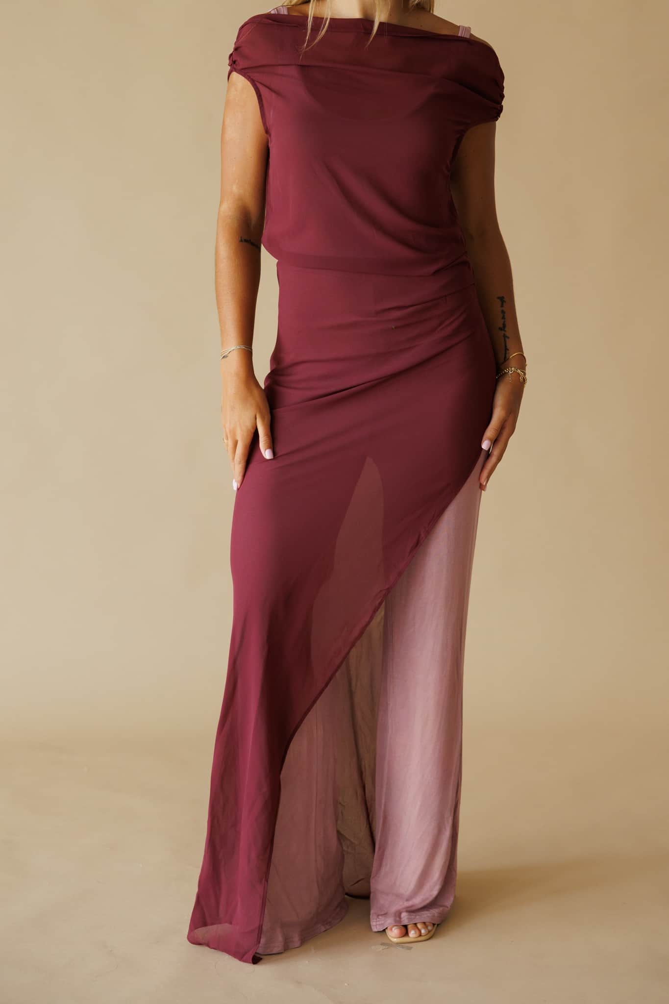 Sheer Overlay Dress Jumpsuit Set