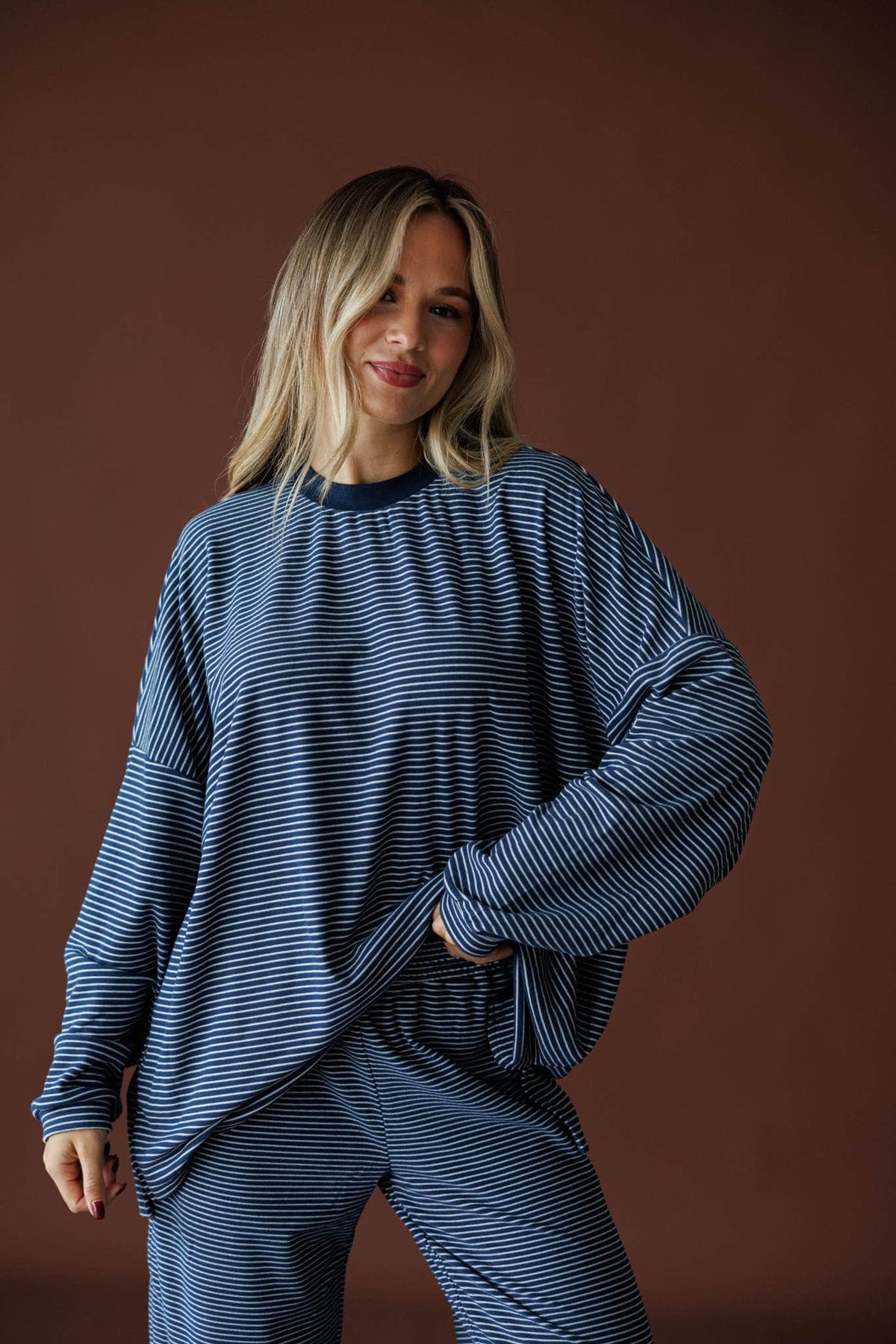 The Social Club Fleece Top in navy, full-length view with the matching fleece pants
