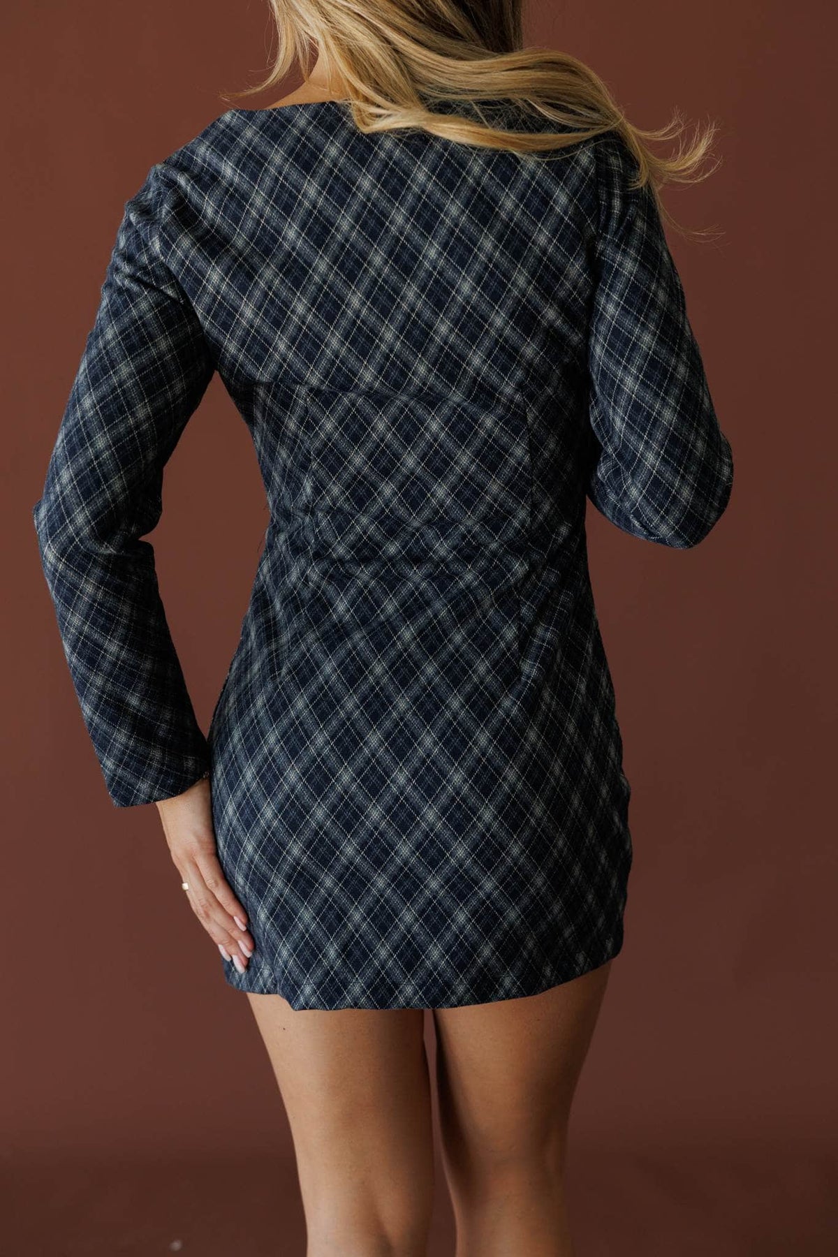 Navy argyle print long sleeve mini dress