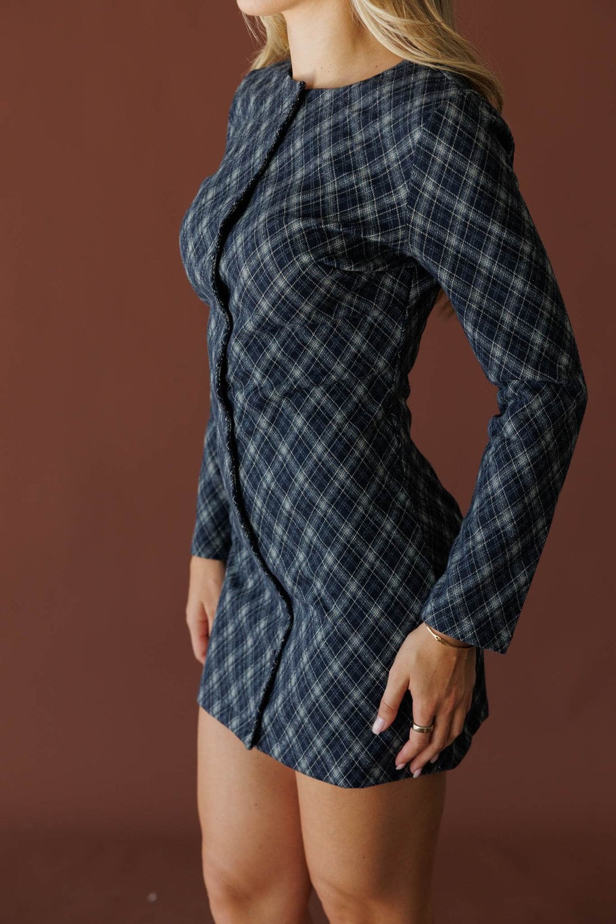 Navy argyle print long sleeve mini dress