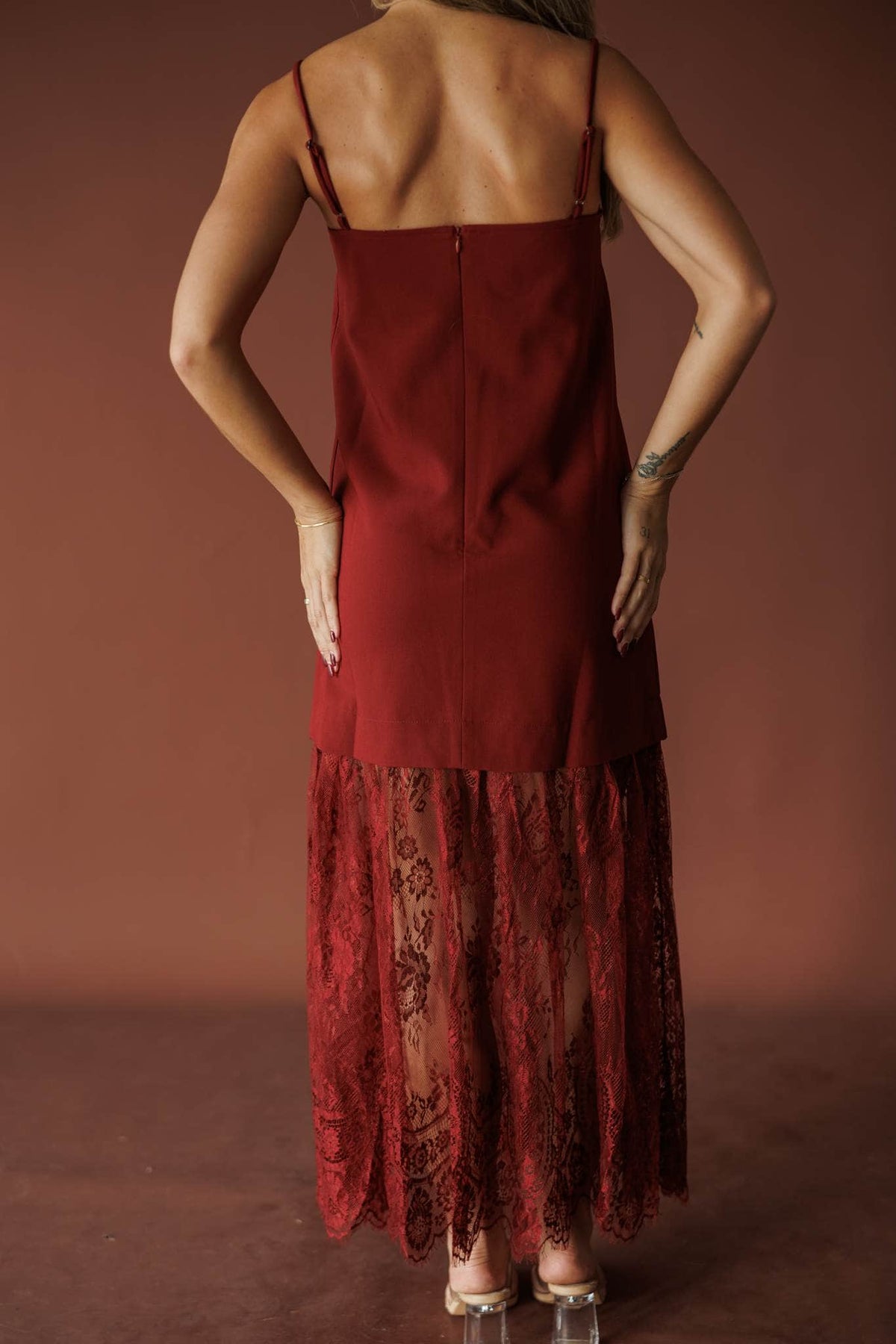 Burgundy satin and lace maxi dress