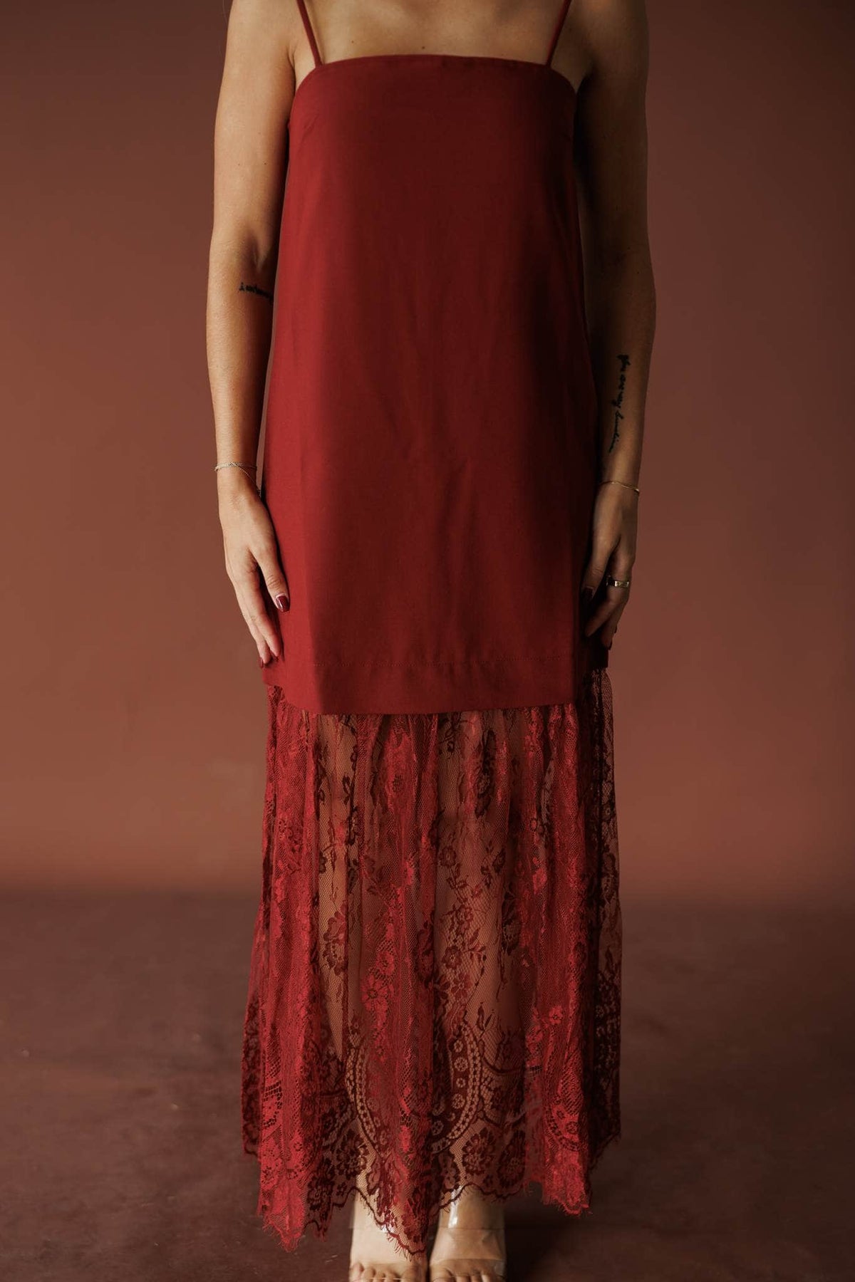 Burgundy satin and lace maxi dress