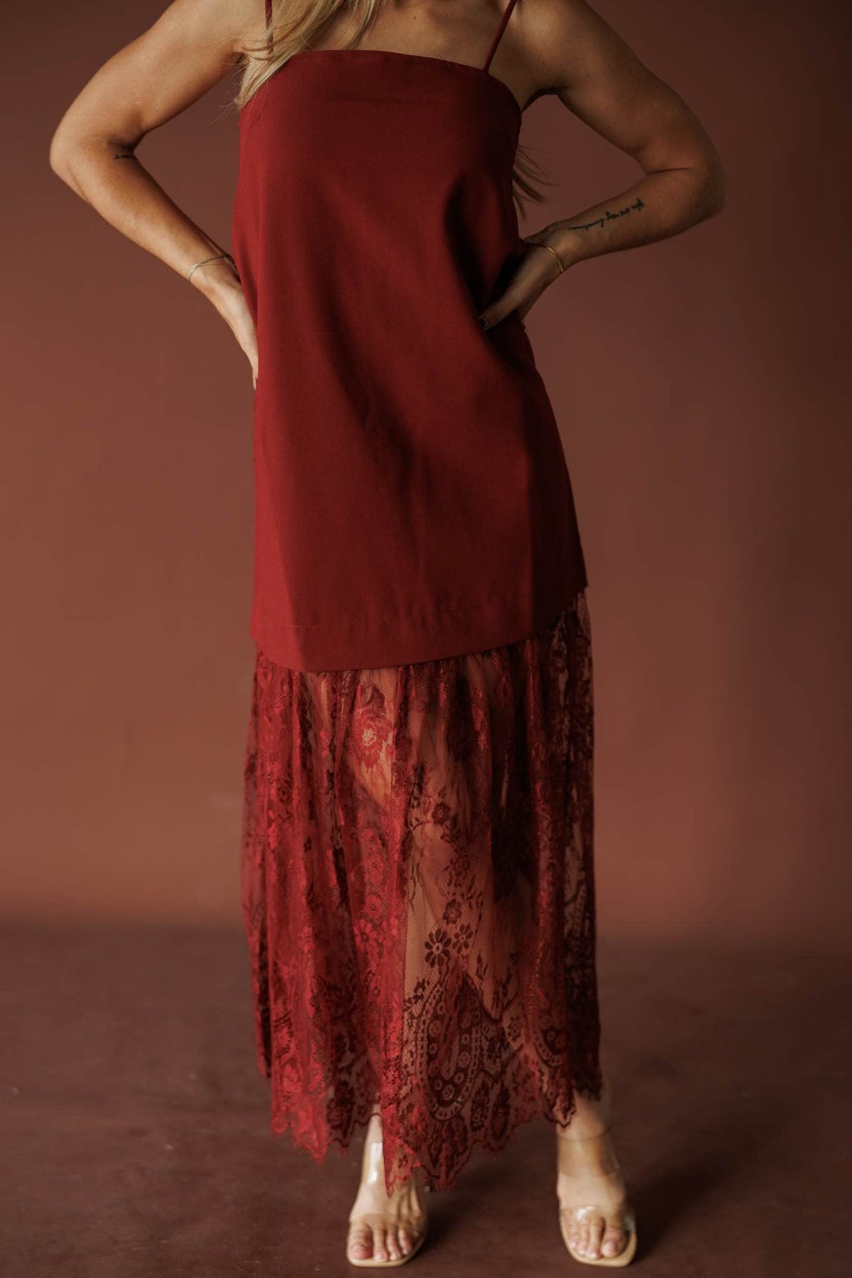 Burgundy satin and lace maxi dress