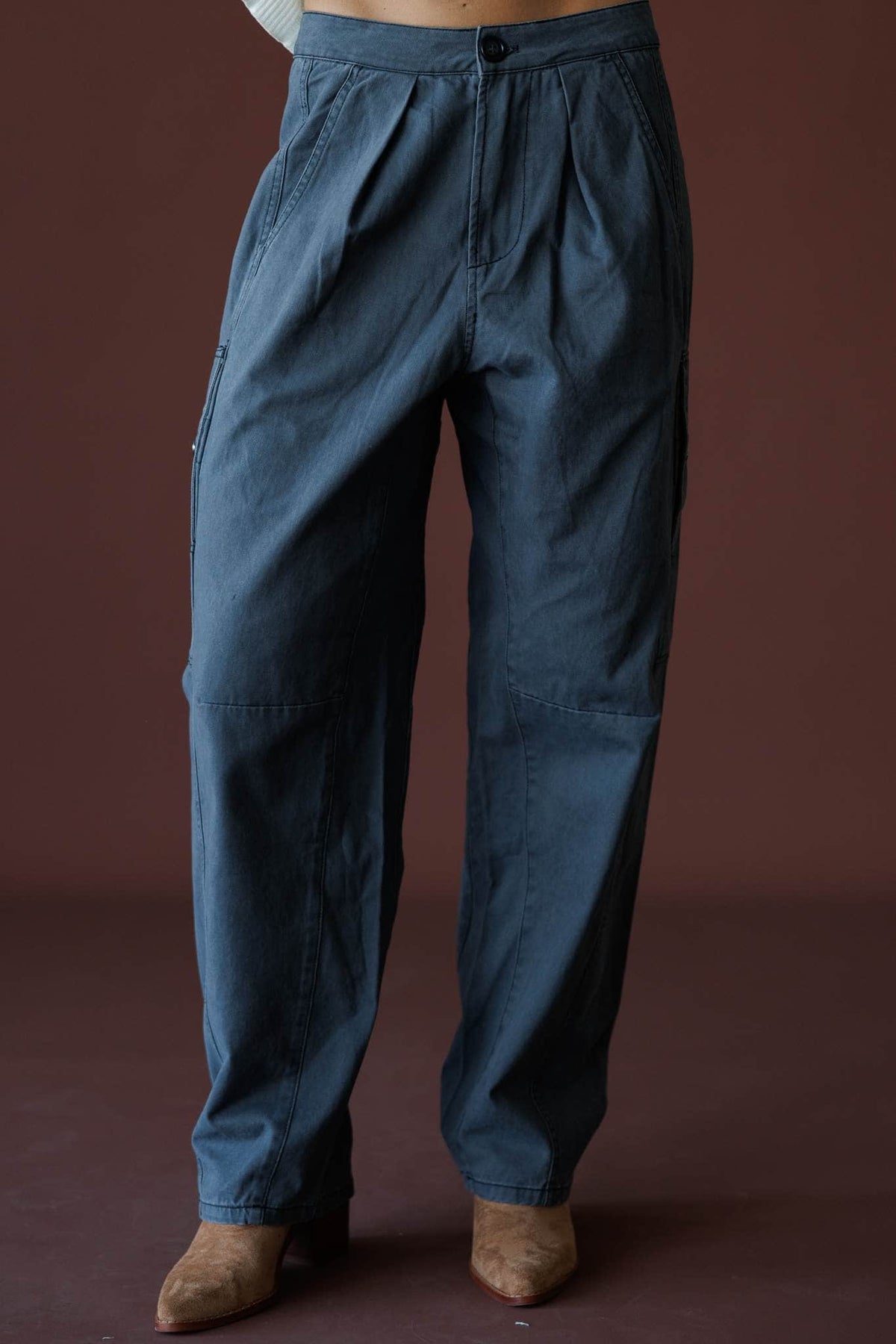 Anywhere But Here Pants in steel, front close-up of the pleated high waist