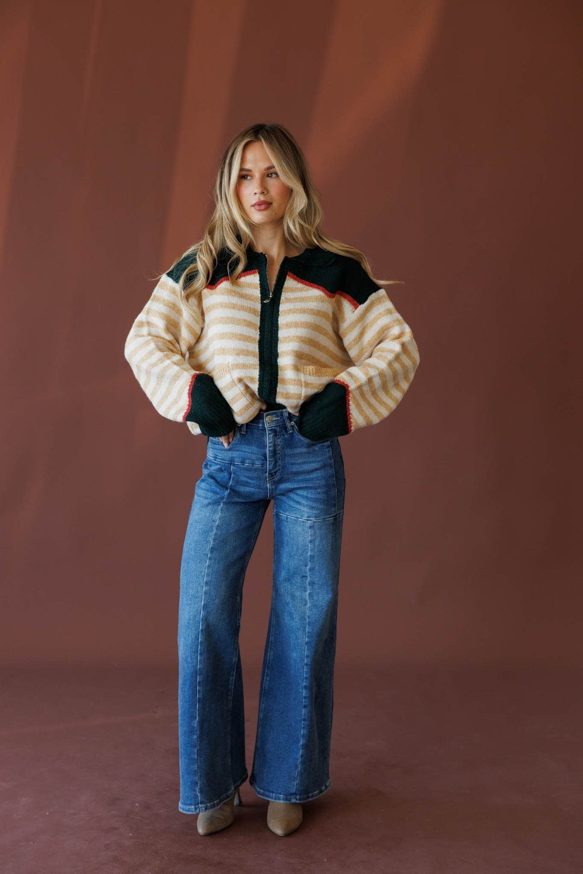 Forest green and chili sweater jacket