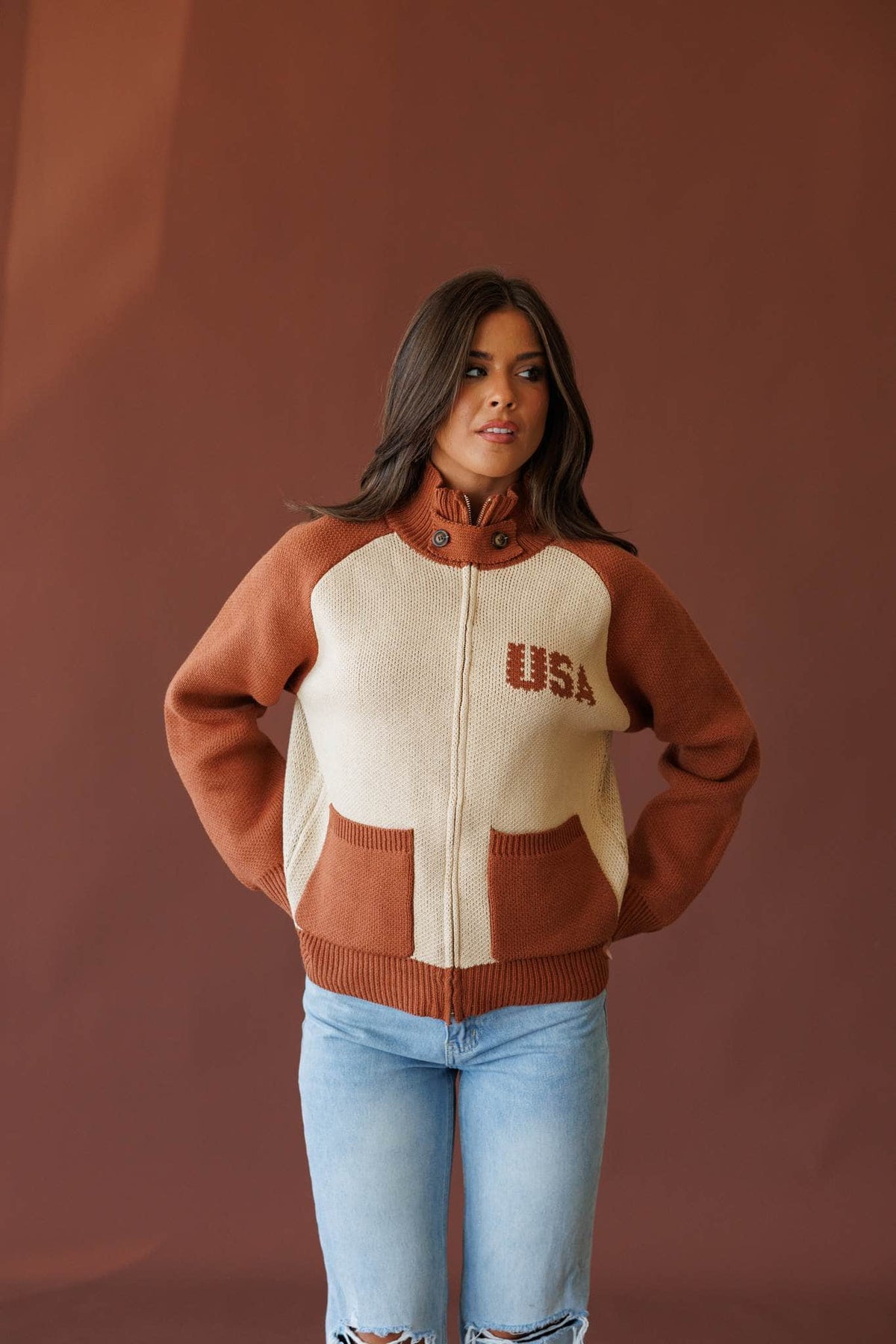 Cognac sweater jacket, front view