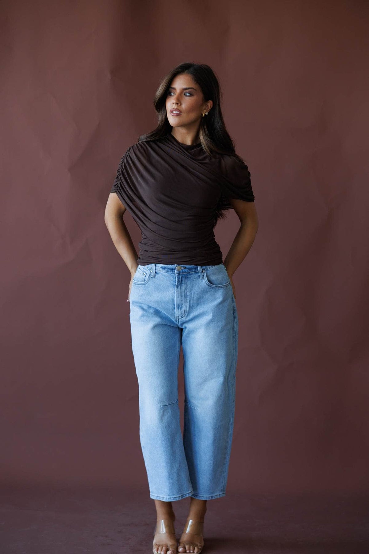 Brown draped asymmetric cape top