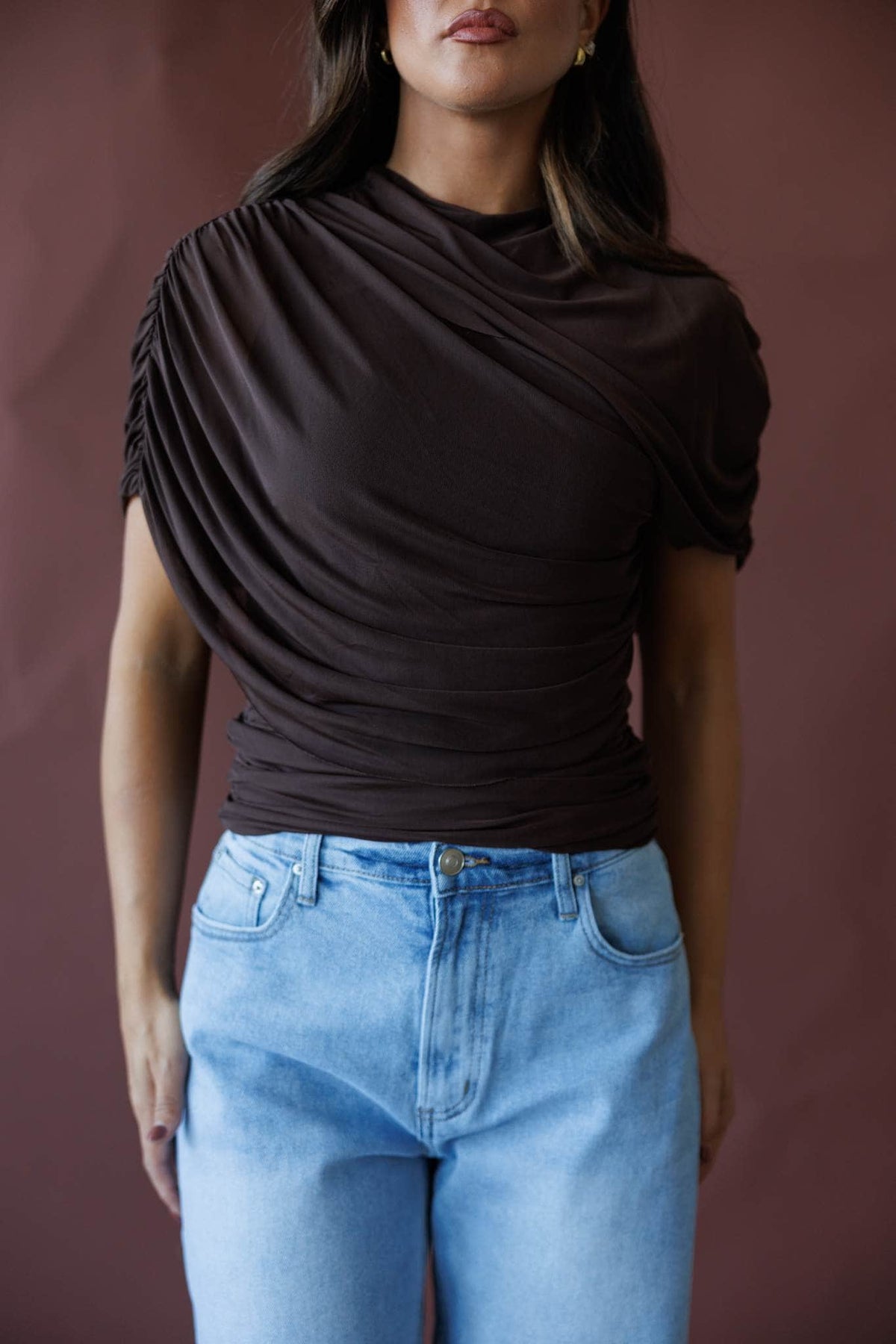 Brown draped asymmetric cape top
