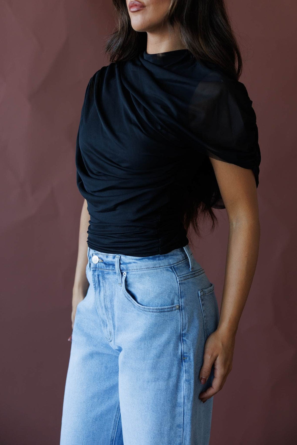 Brown draped asymmetric cape top