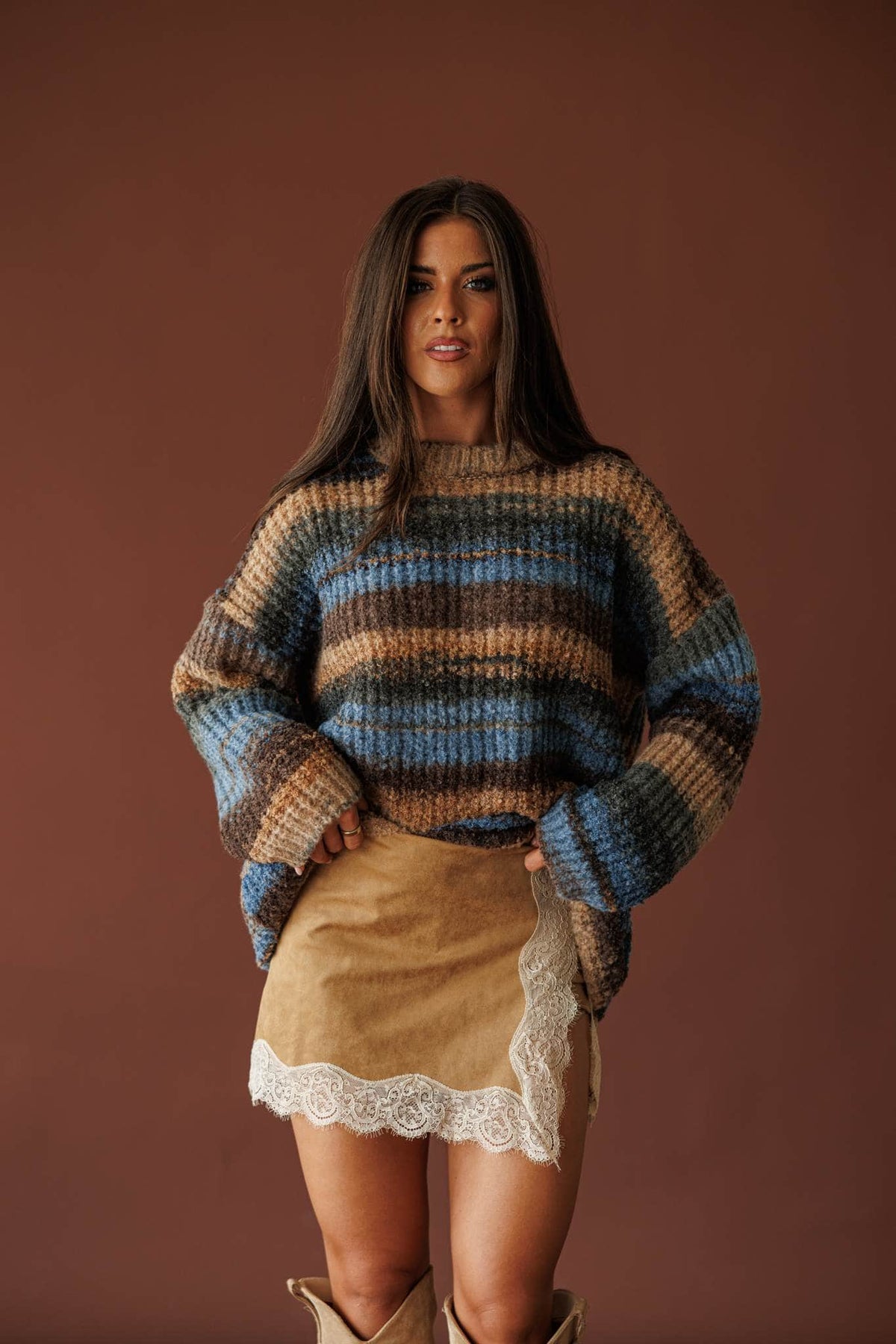 Brown and blue marled knit sweater