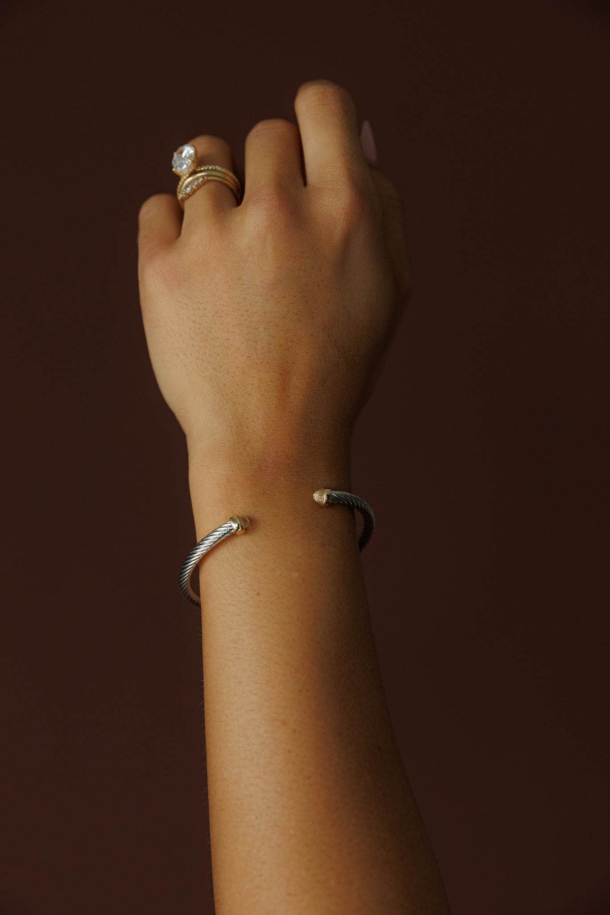 Pearl Tip Cuff Bracelet, worn on the wrist