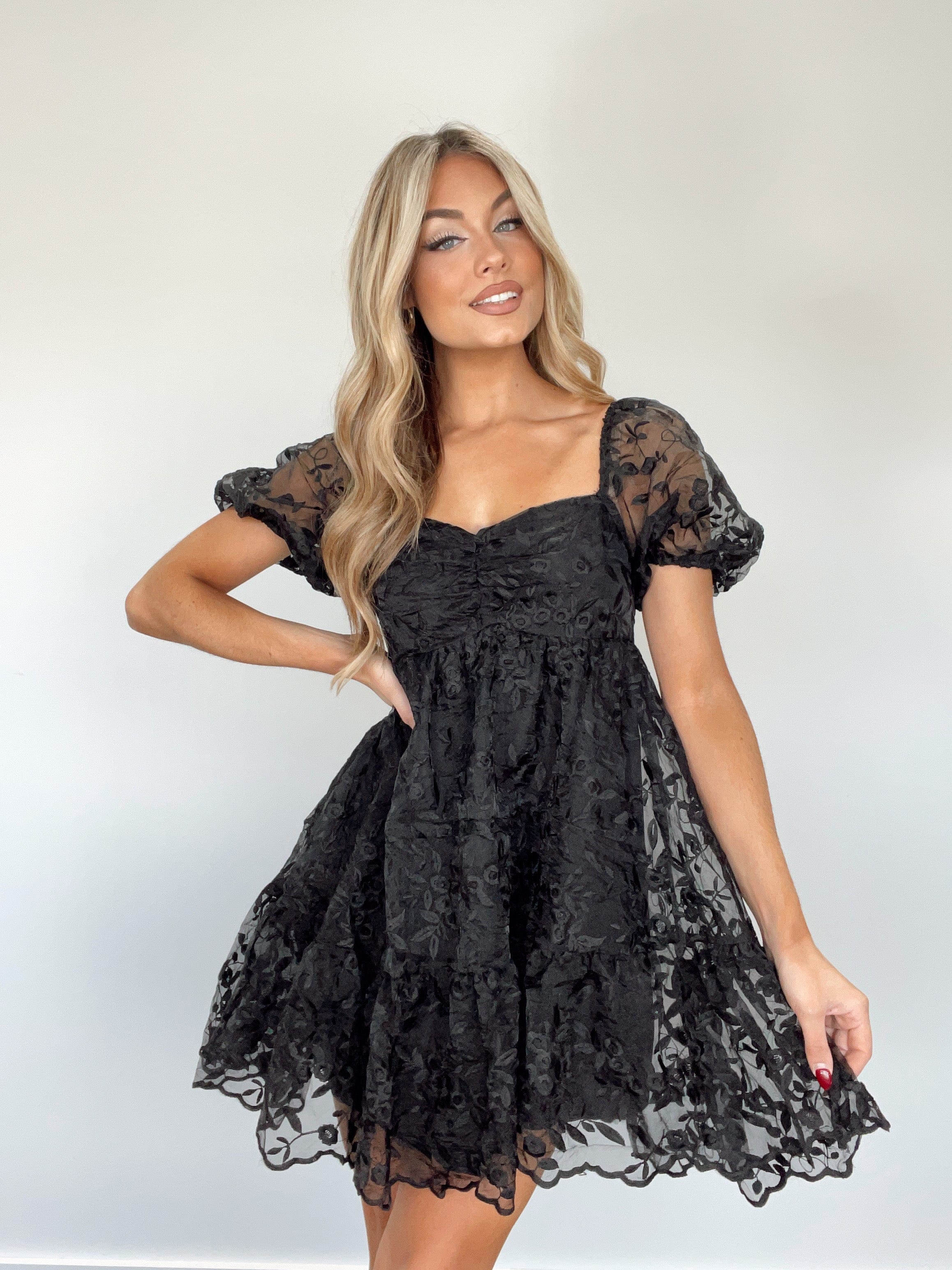 BD5219-A black embroidered lace babydoll mini dress BaeVely