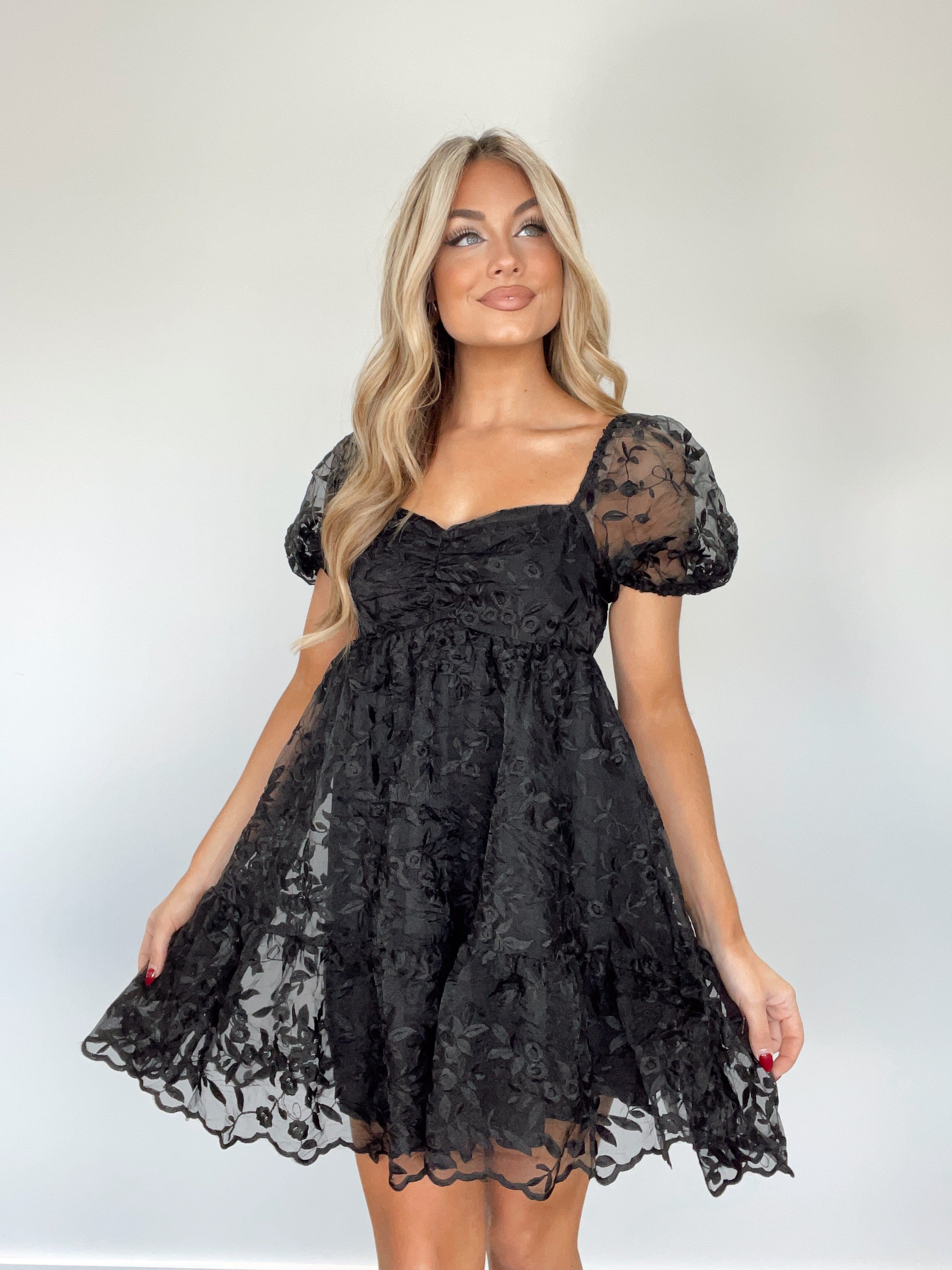 BD5219-A black embroidered lace babydoll mini dress BaeVely