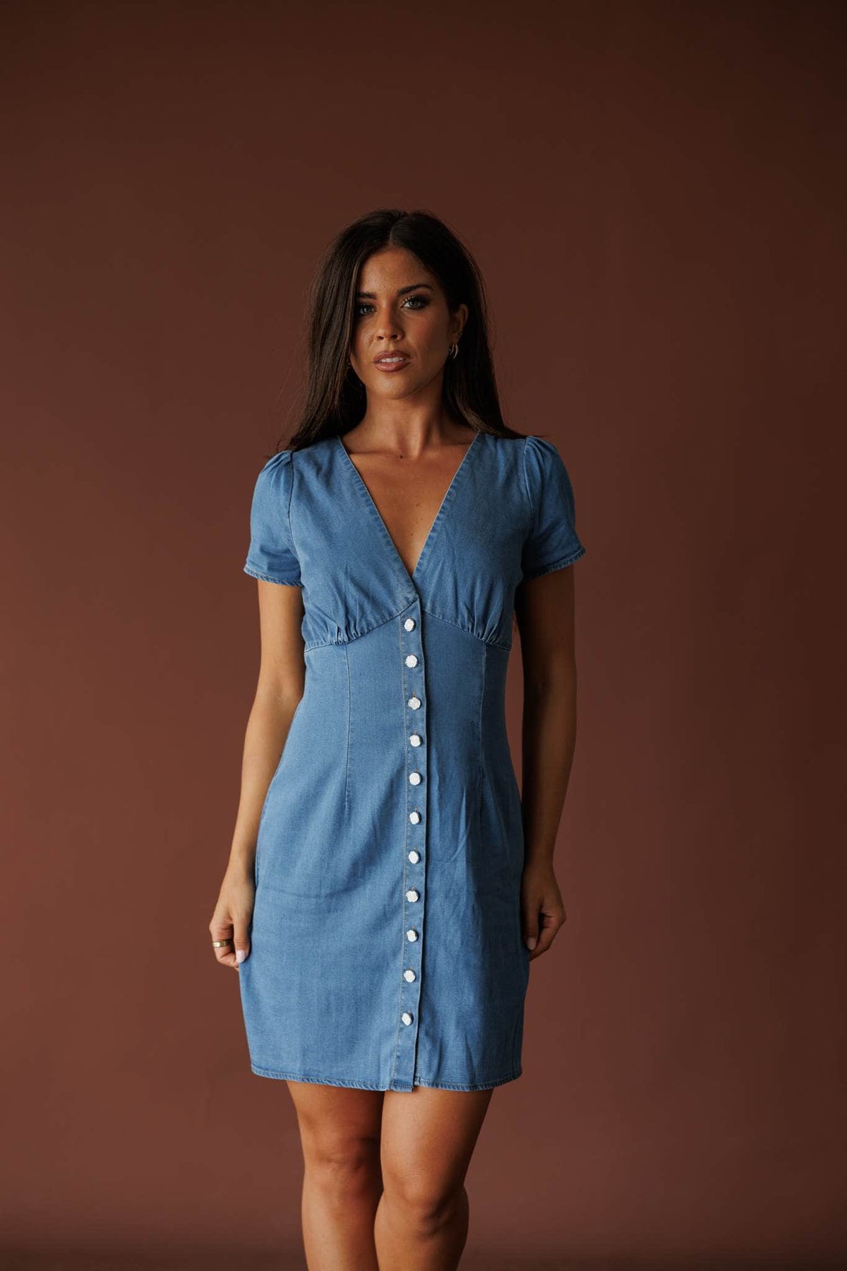 Medium wash denim button front mini dress