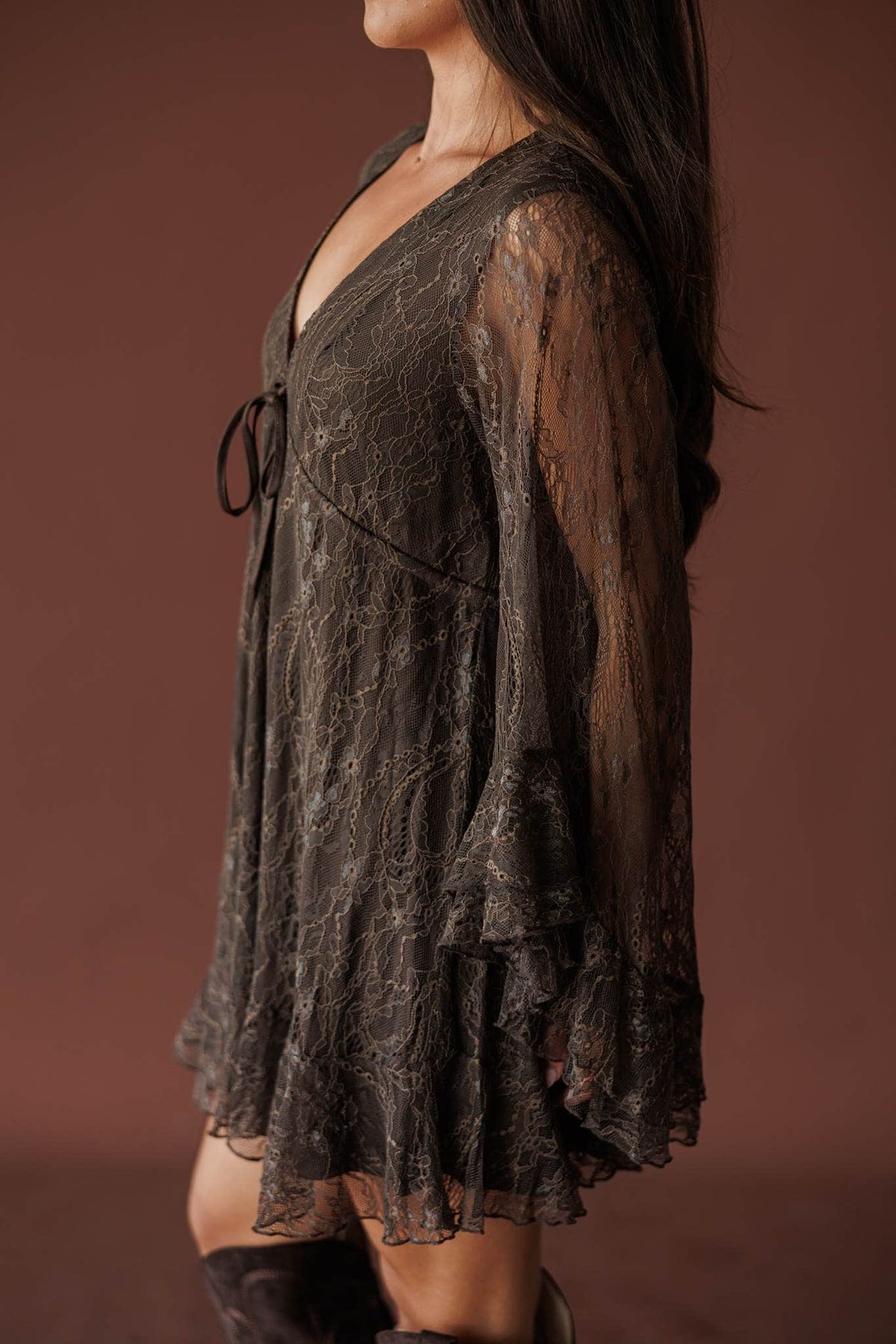 Dark brown lace babydoll mini dress