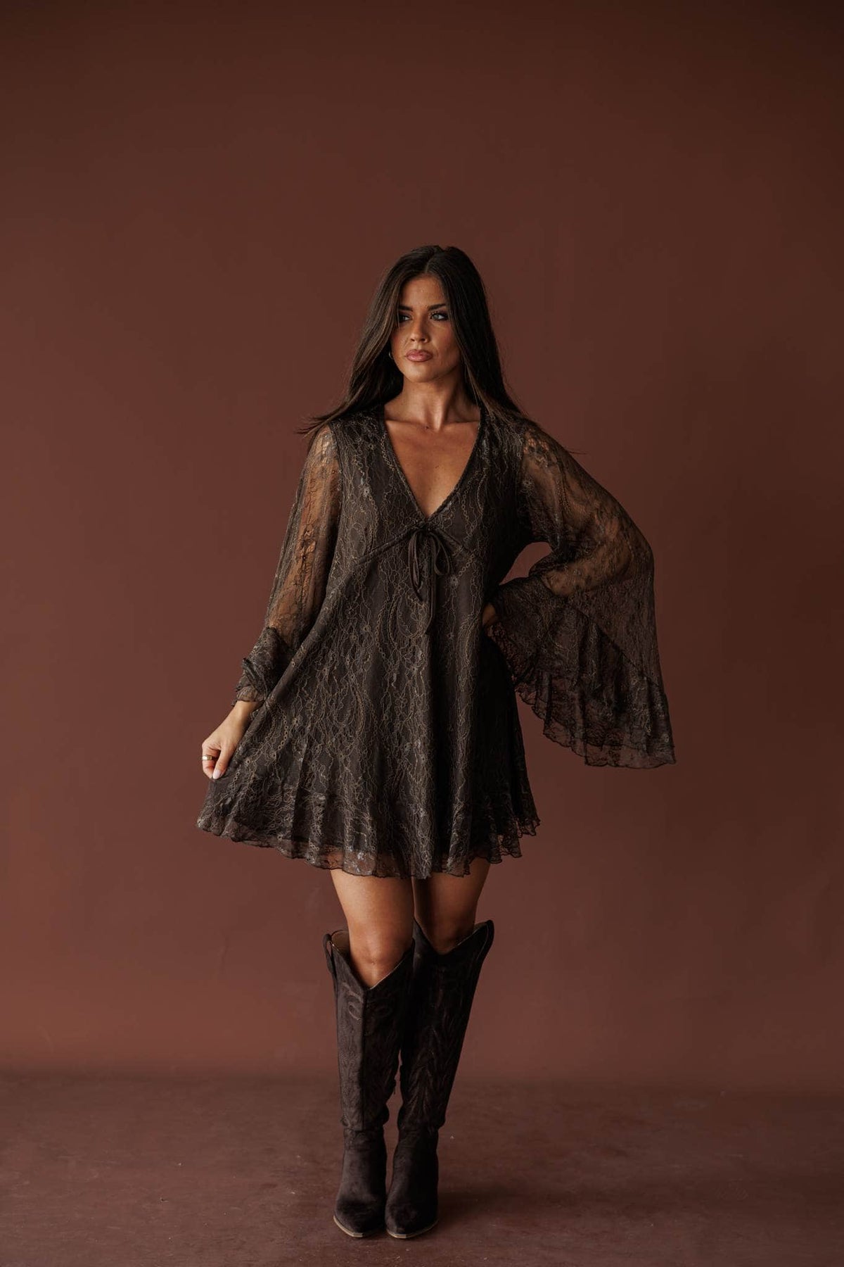 Dark brown lace babydoll mini dress, front view