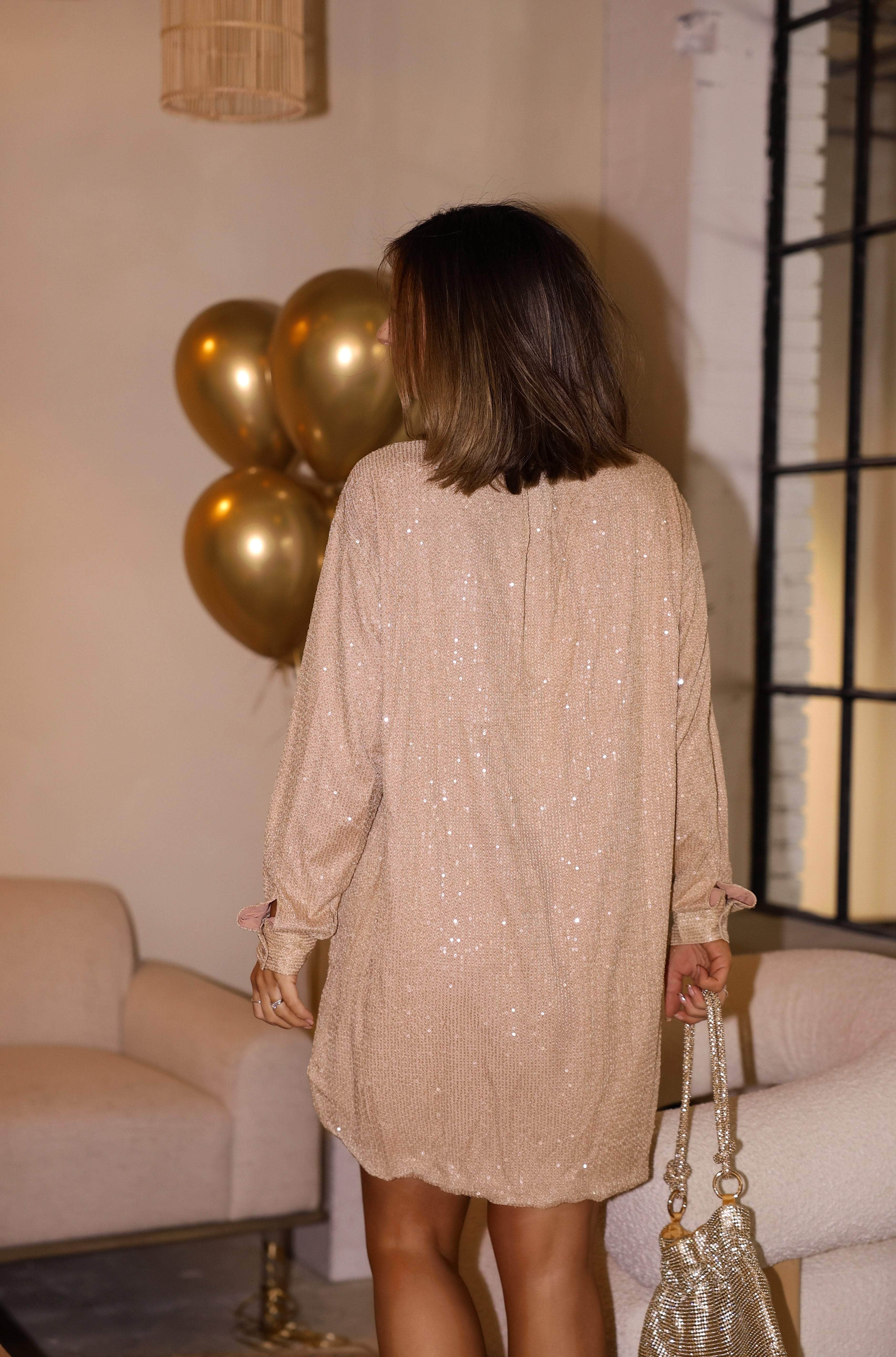 Beige Sequin Shirt Dress