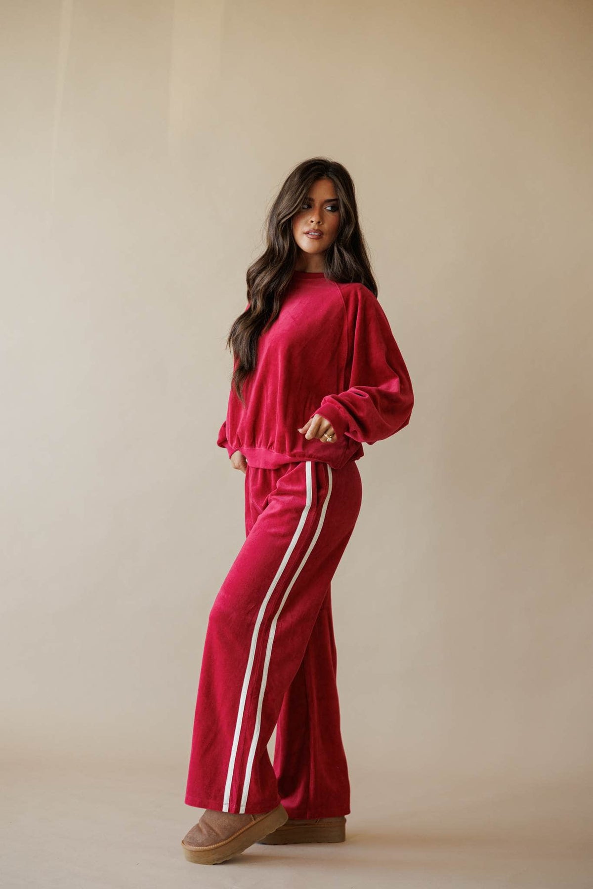 Berry velour track pants with side stripe