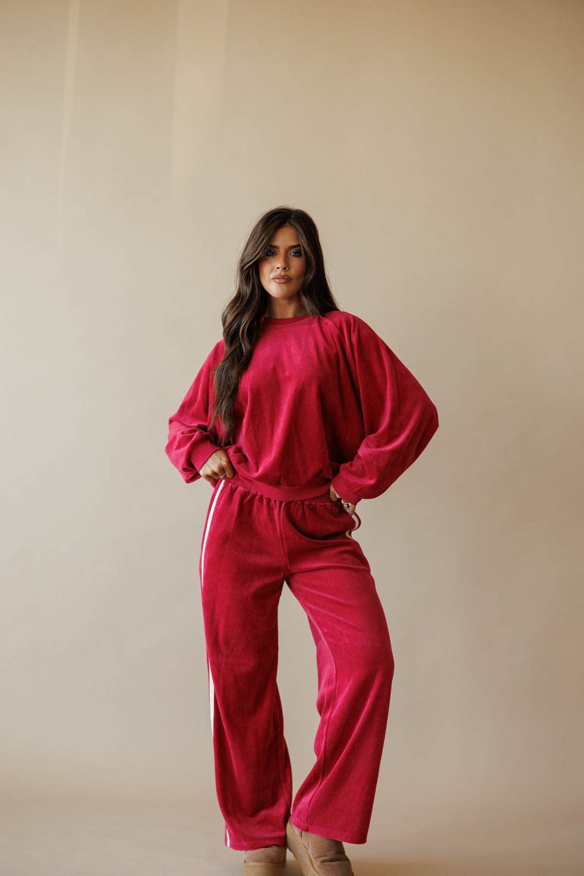 Berry velour track pants with side stripe