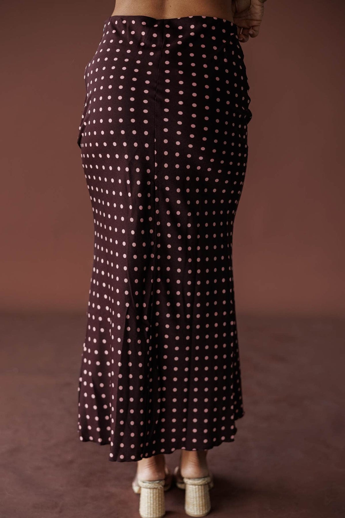 Wine polka dot satin bias midi skirt