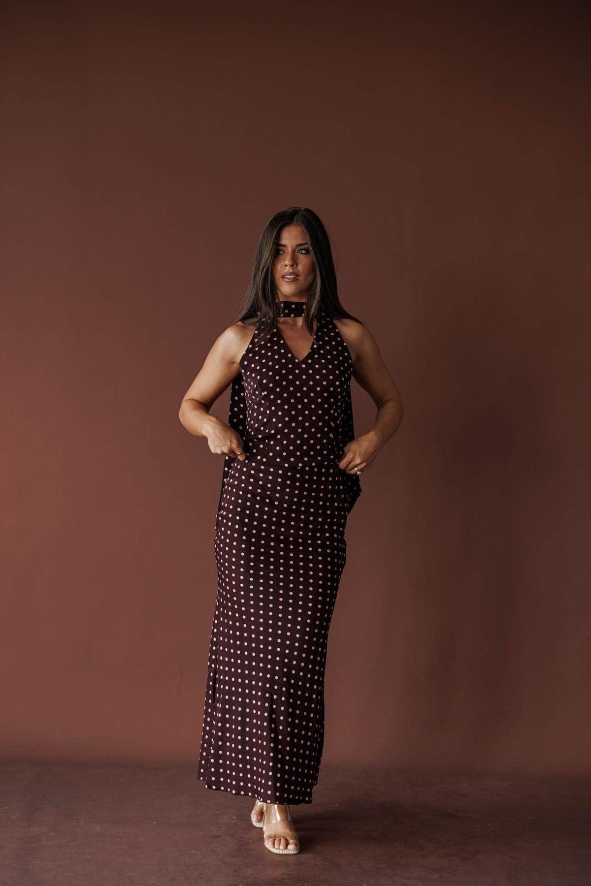 Wine polka dot satin bias midi skirt