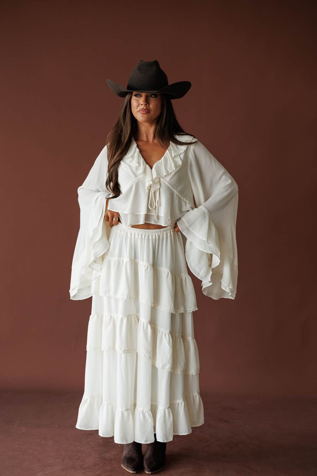Cream tiered midi skirt