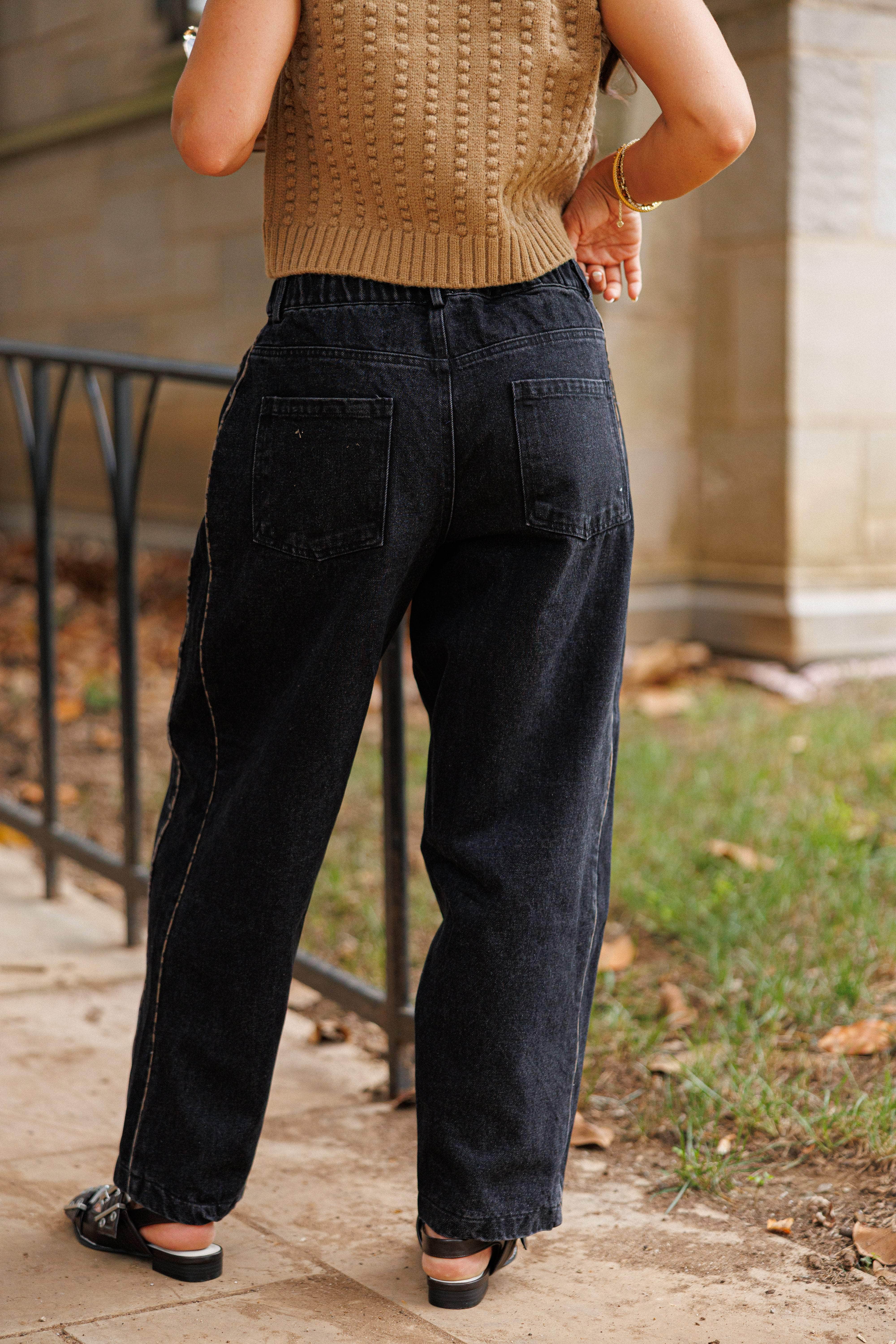 Black Leopard Piping Detail Barrel Jean