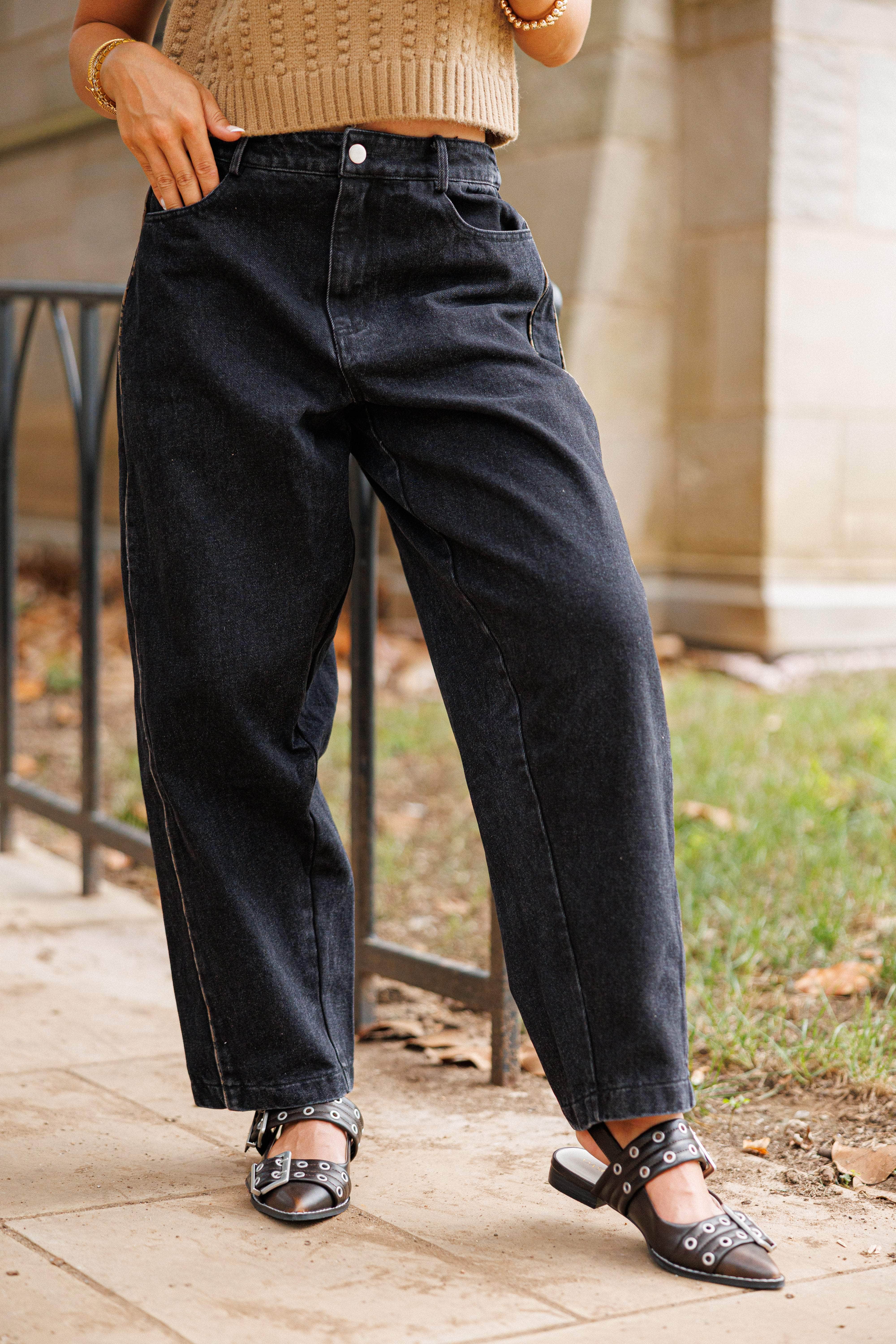 Black Leopard Piping Detail Barrel Jean