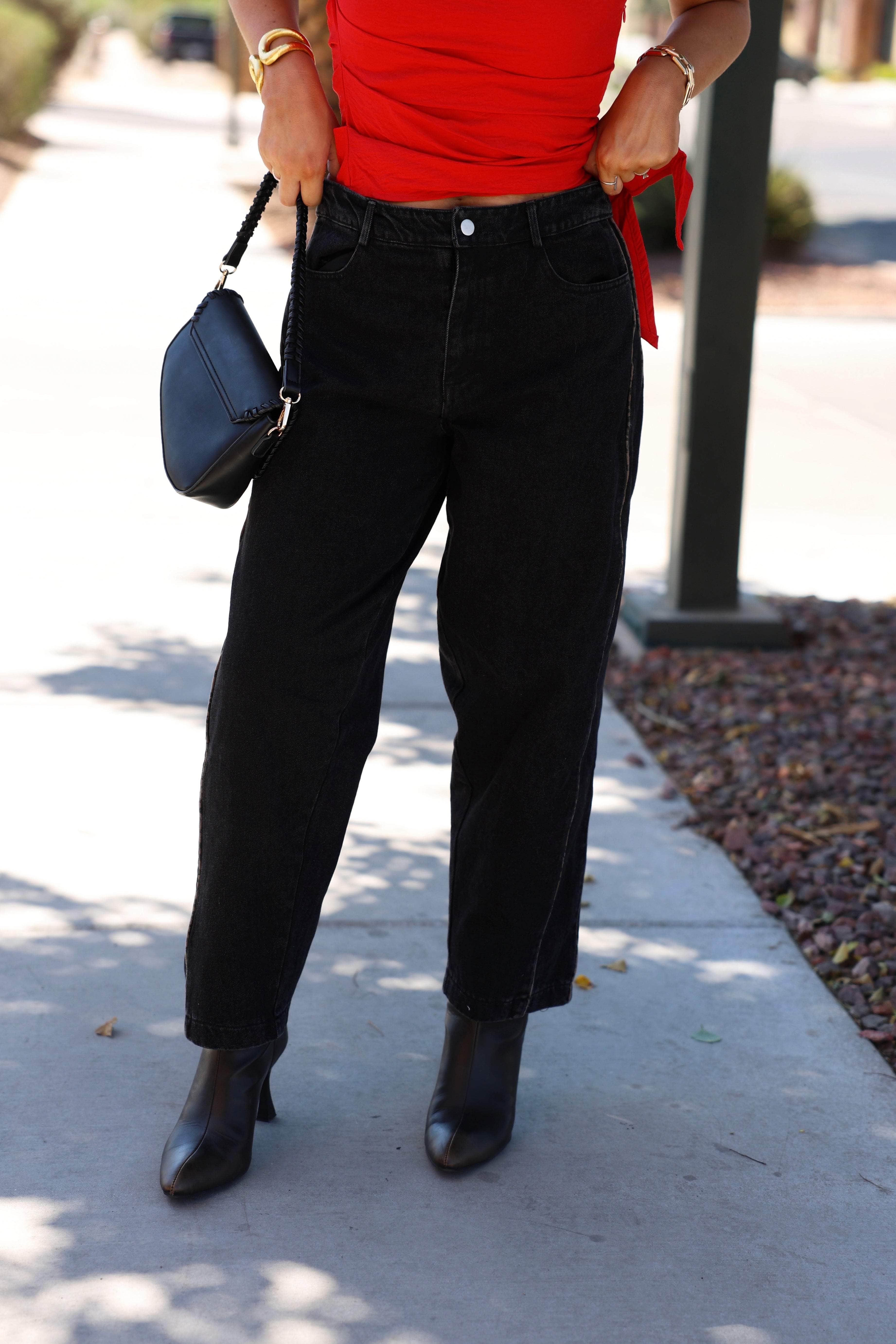 Black Leopard Piping Detail Barrel Jean