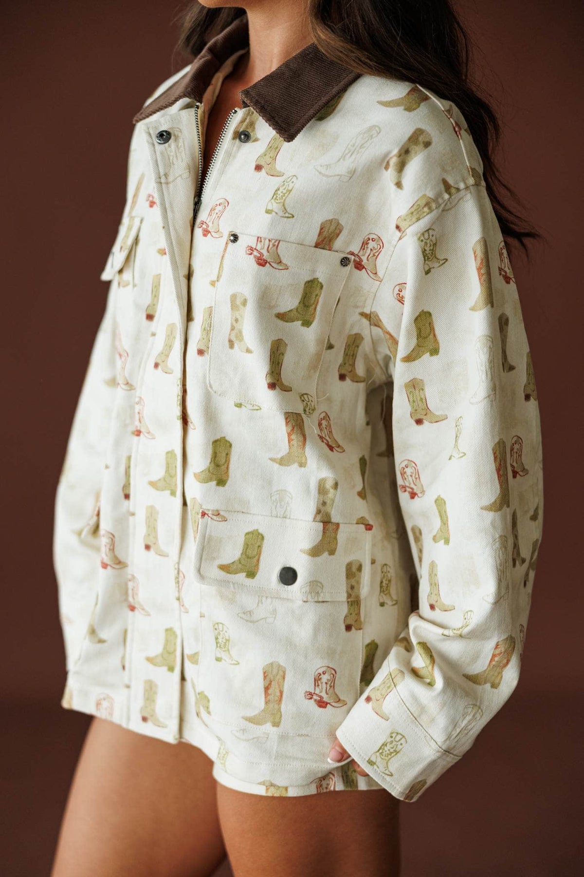 Boot Scootin' Shacket in oat, side view showing the corduroy collar and chest pocket
