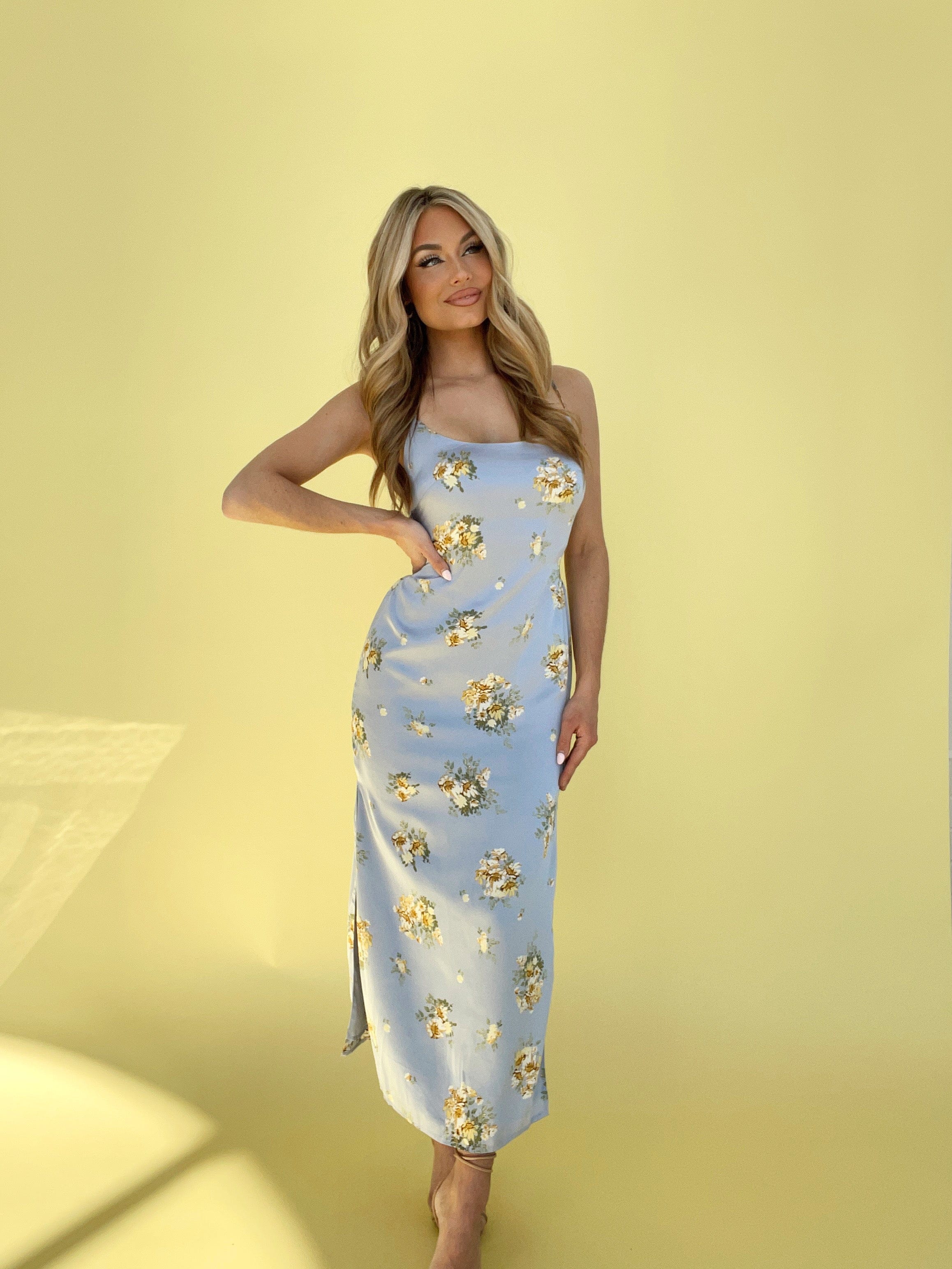 BRD1707-17 flower pattern satin long dress with open back Bailey Rose