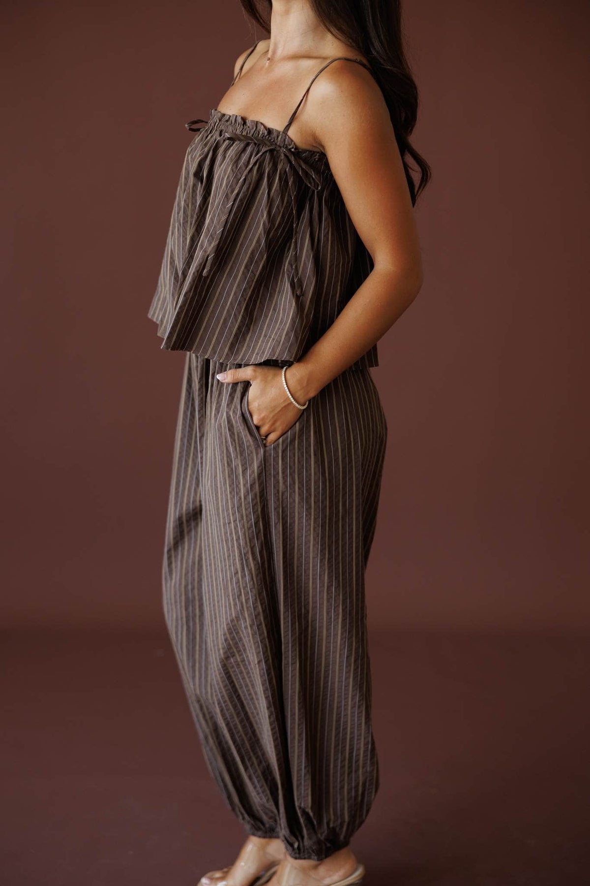 Brown Flowy Stripe Balloon Jumpsuit