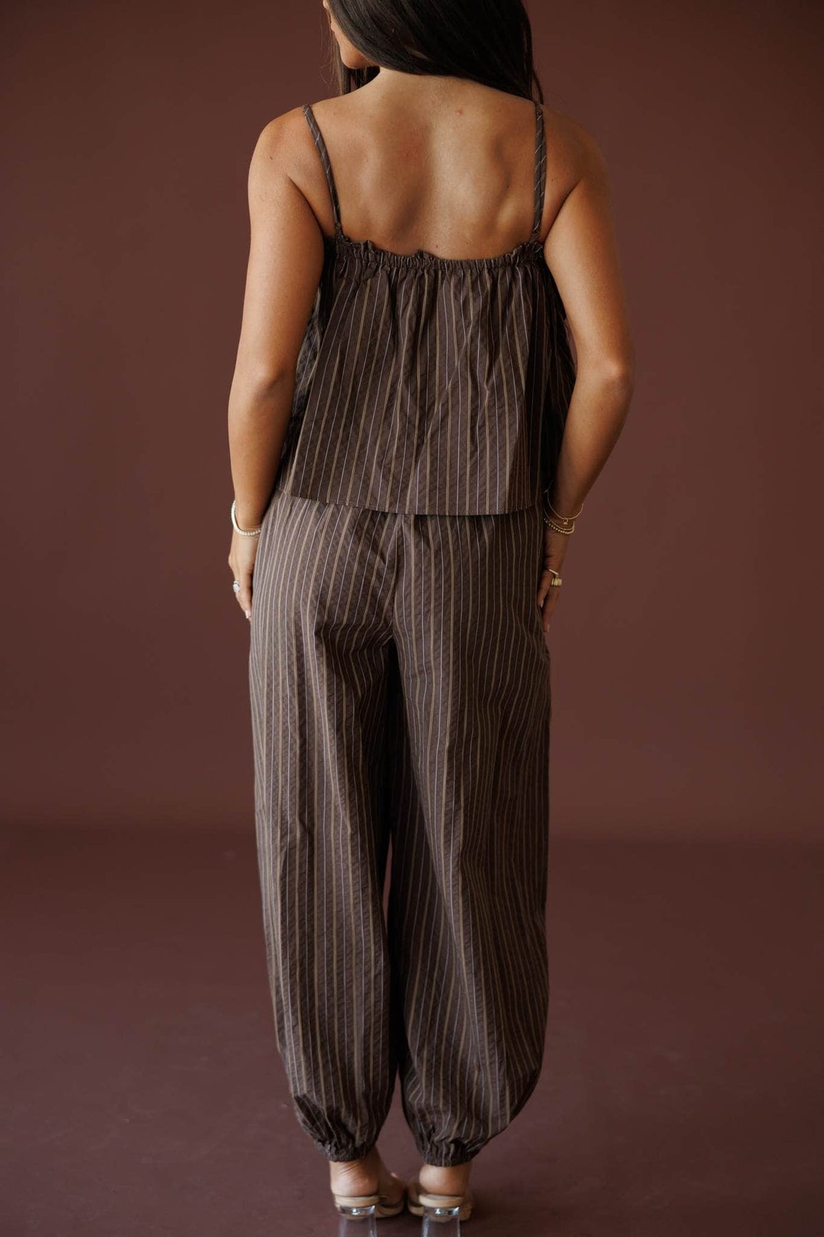 Brown Flowy Stripe Balloon Jumpsuit