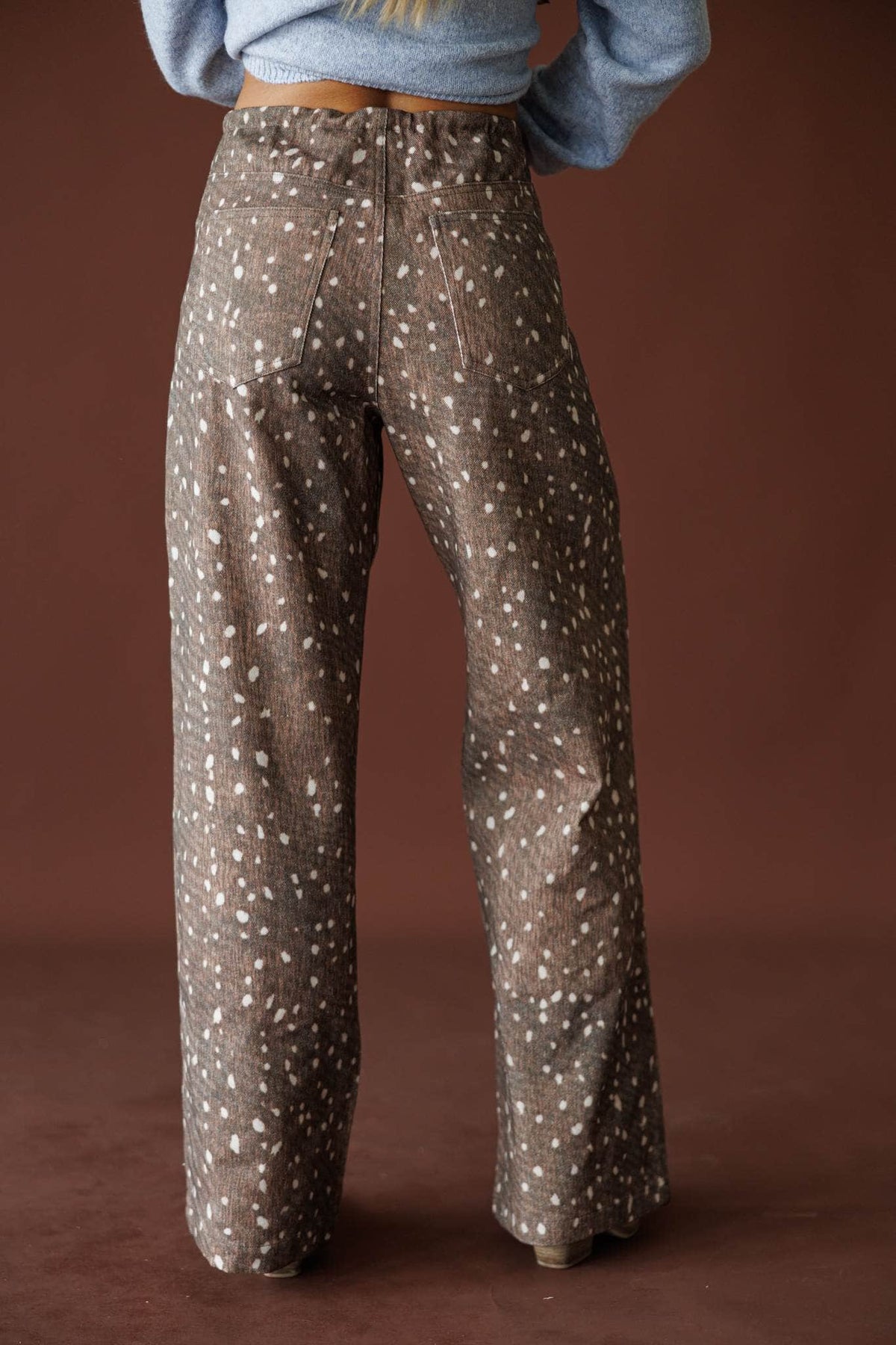 Bambi Wide Leg Pants in brown, back view showing the wide leg deer print pants