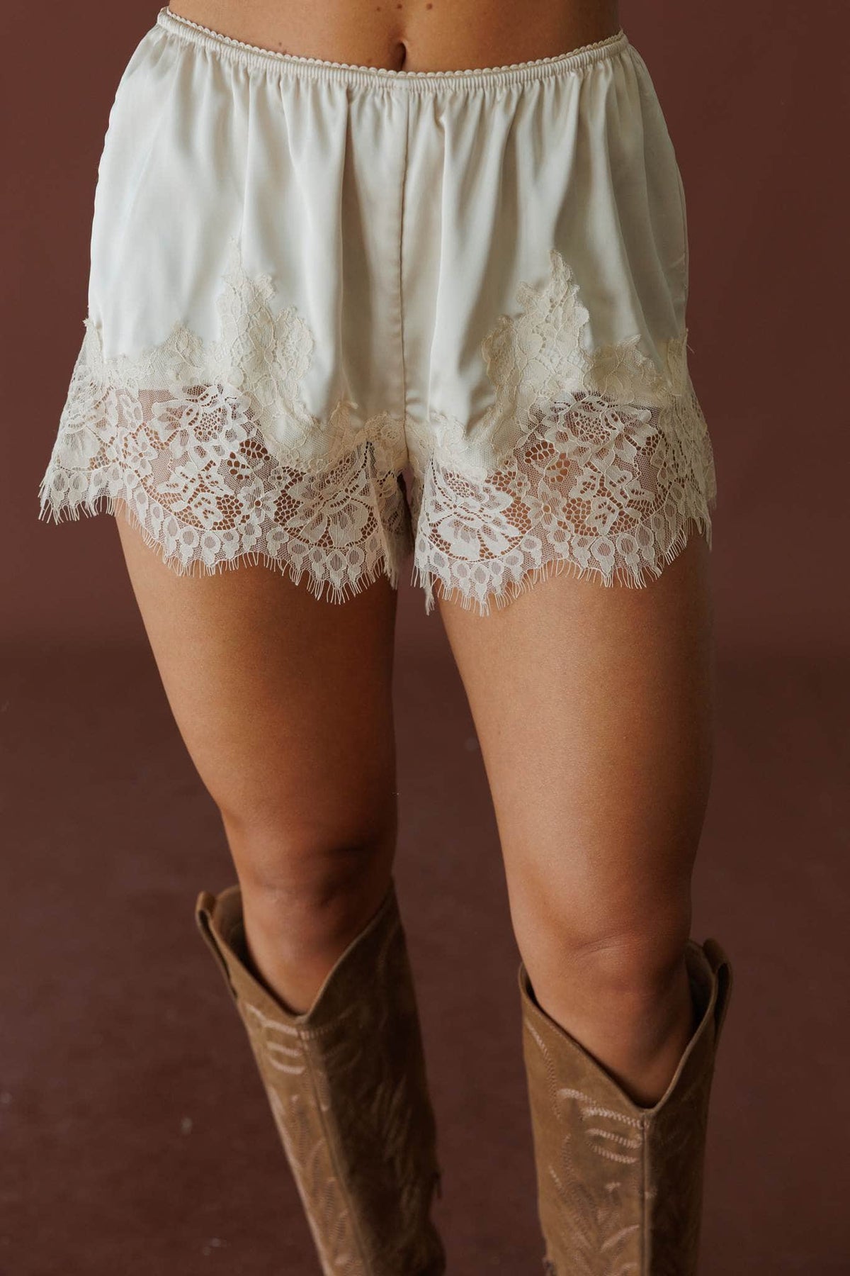 Ivory lace trim shorts, front view