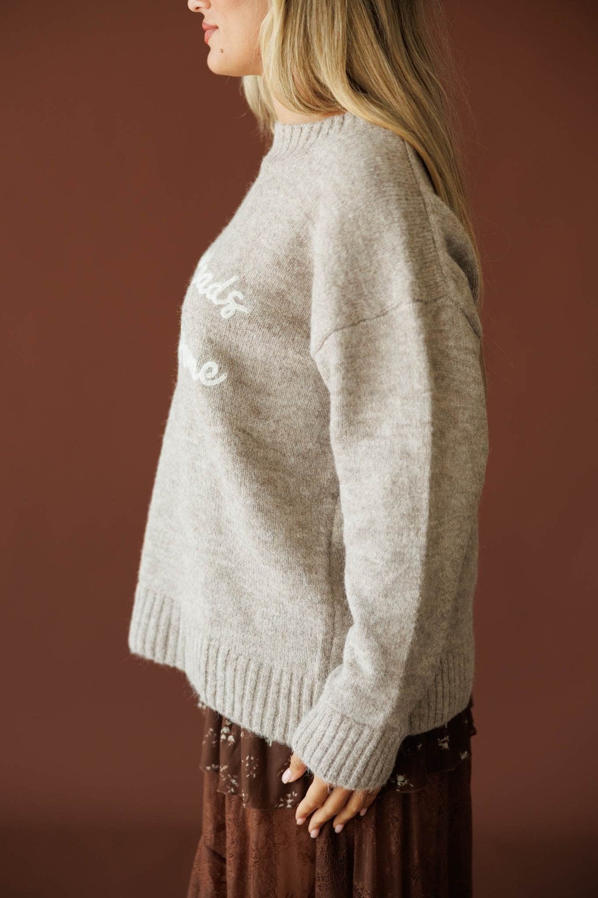 Country Roads Sweater in taupe, side view showing the drop shoulder sleeve