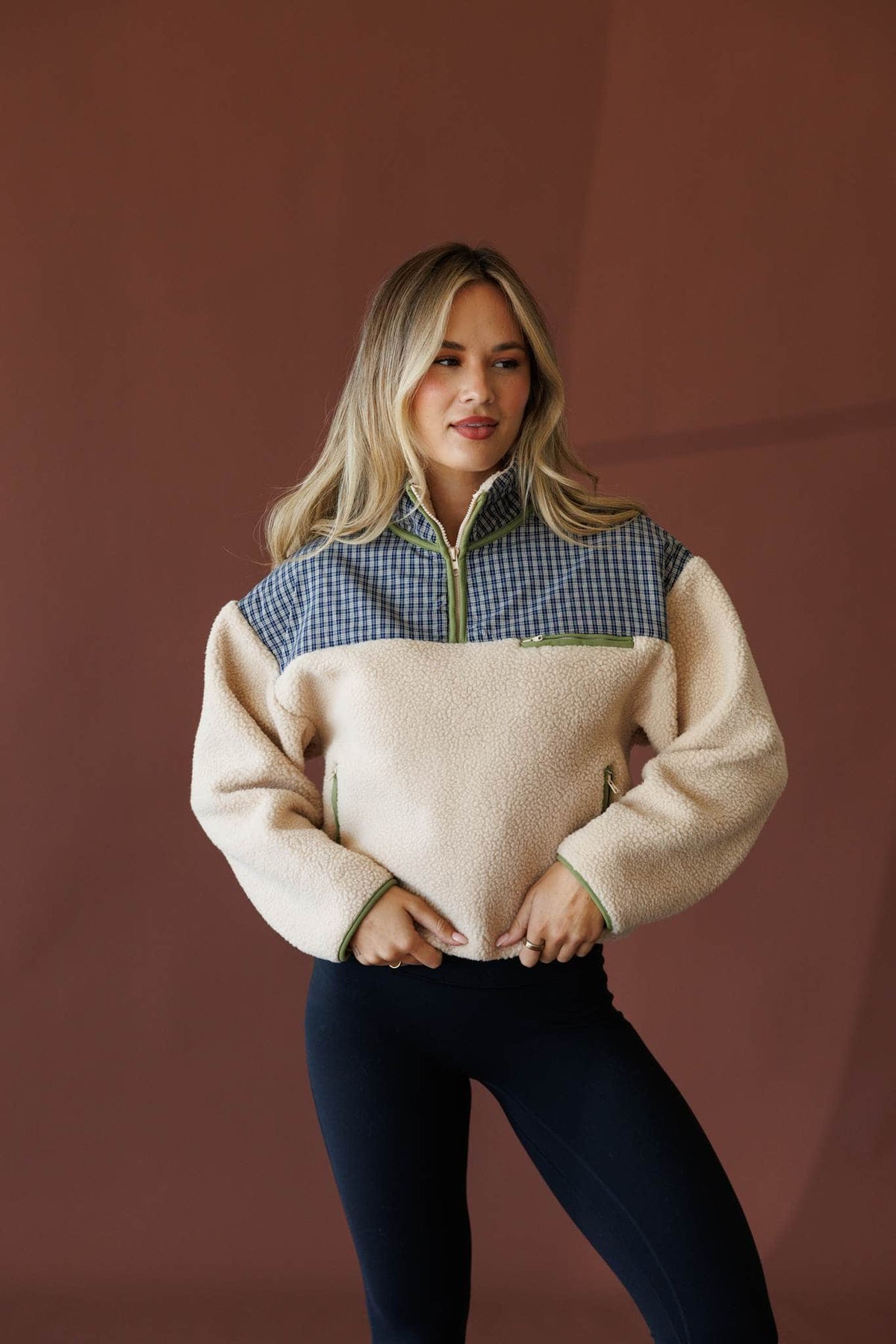 Beige and navy fleece pullover