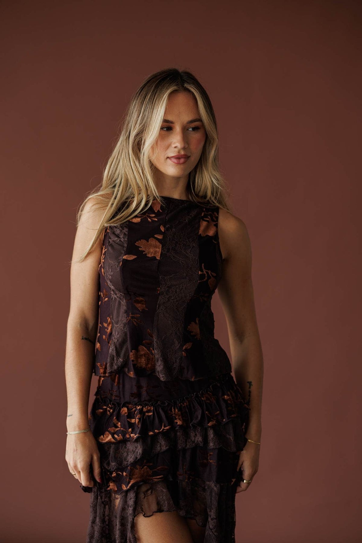 Mahogany burnout velvet sleeveless top, front view