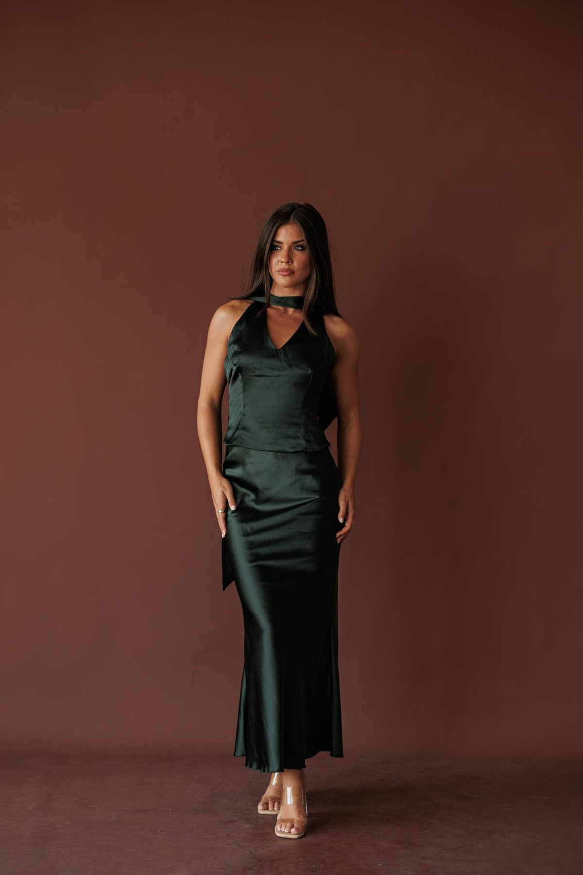 Dark green satin V neck halter top