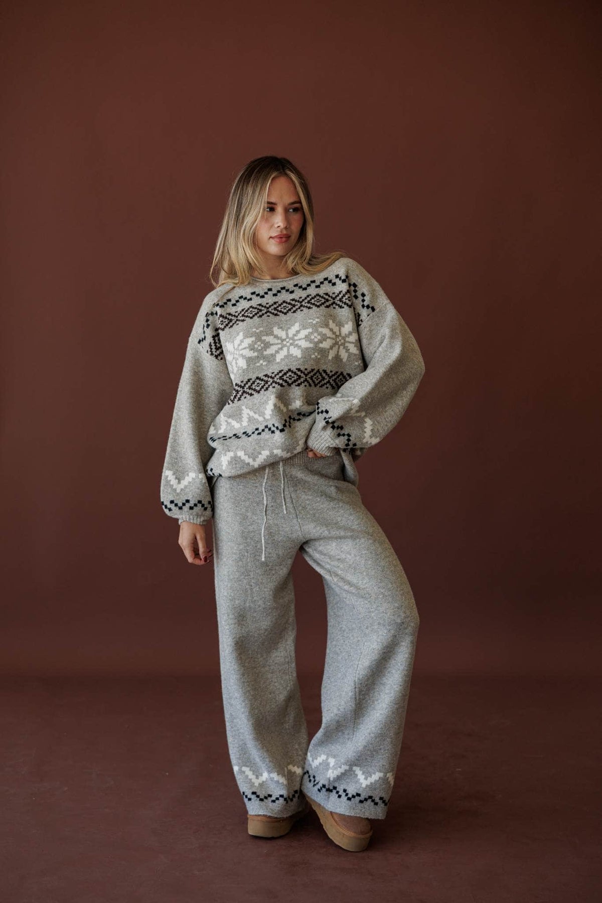 Cabin Cozy Sweater, in stone, full-length view of the matching set