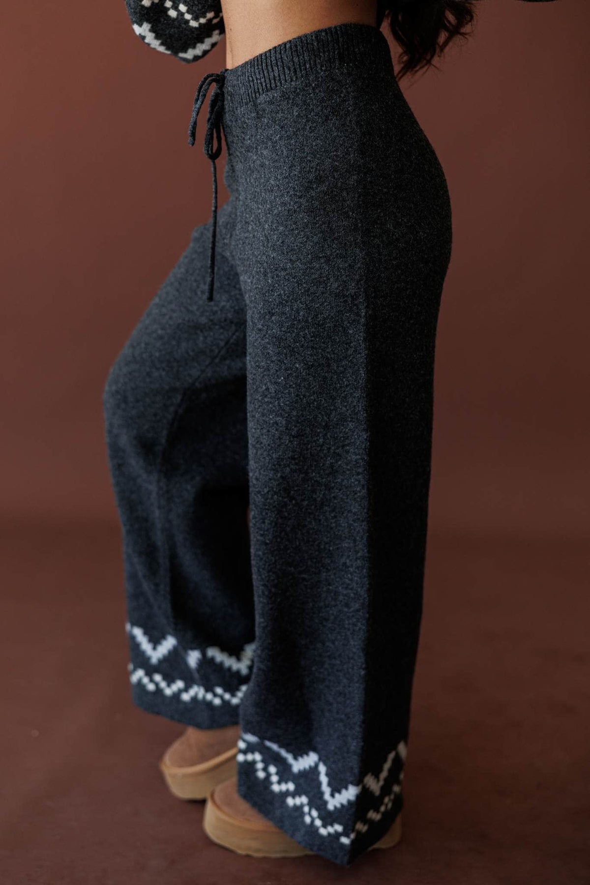 Cabin Cozy Sweater Pants, in charcoal, side view of the wide leg