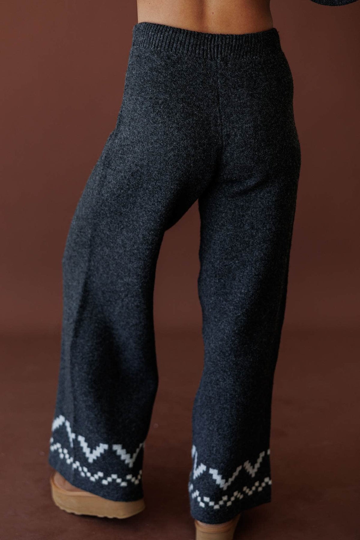 Cabin Cozy Sweater Pants, in charcoal, front view of the drawstring waist